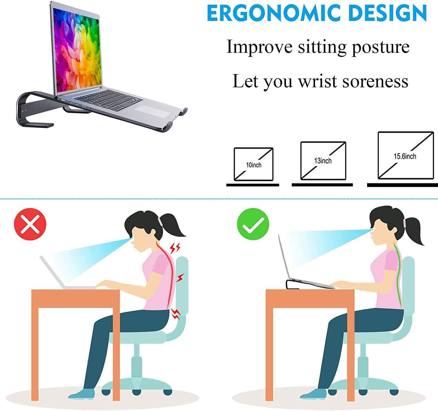 Підставка для ноутбука, Ергономічна алюмінієва для комп'ютера, тримач для ПК, з легкою вентиляцією для MacBook Pro/Air, Dell, HP, MateBook, для всіх ноутбуків 10-15,6 дюймів, чорна, фото №2