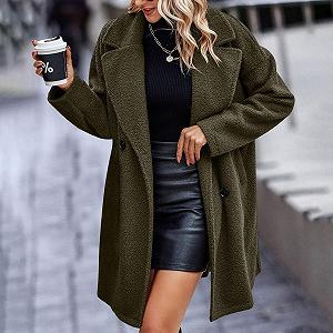 Довге пальто шерпа для жінок, з кишенями, довгий рукав, плюшева куртка-вітрівка з лацканами synthetic.ua - Фото 1