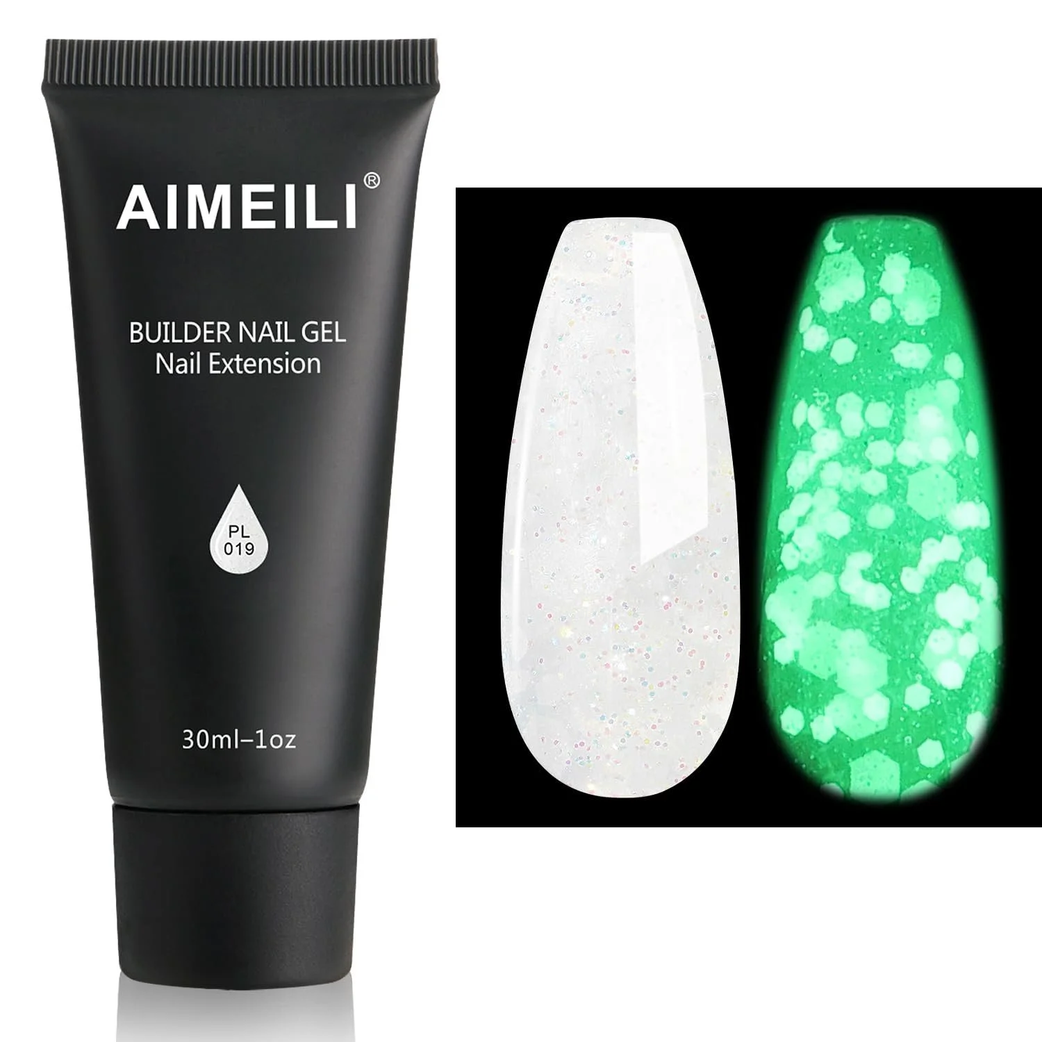 Гель для нарощування нігтів AIMEILI Прозорий з блискітками, що світиться в темряві, білий гліттер, 30 мл, 019, фото №1