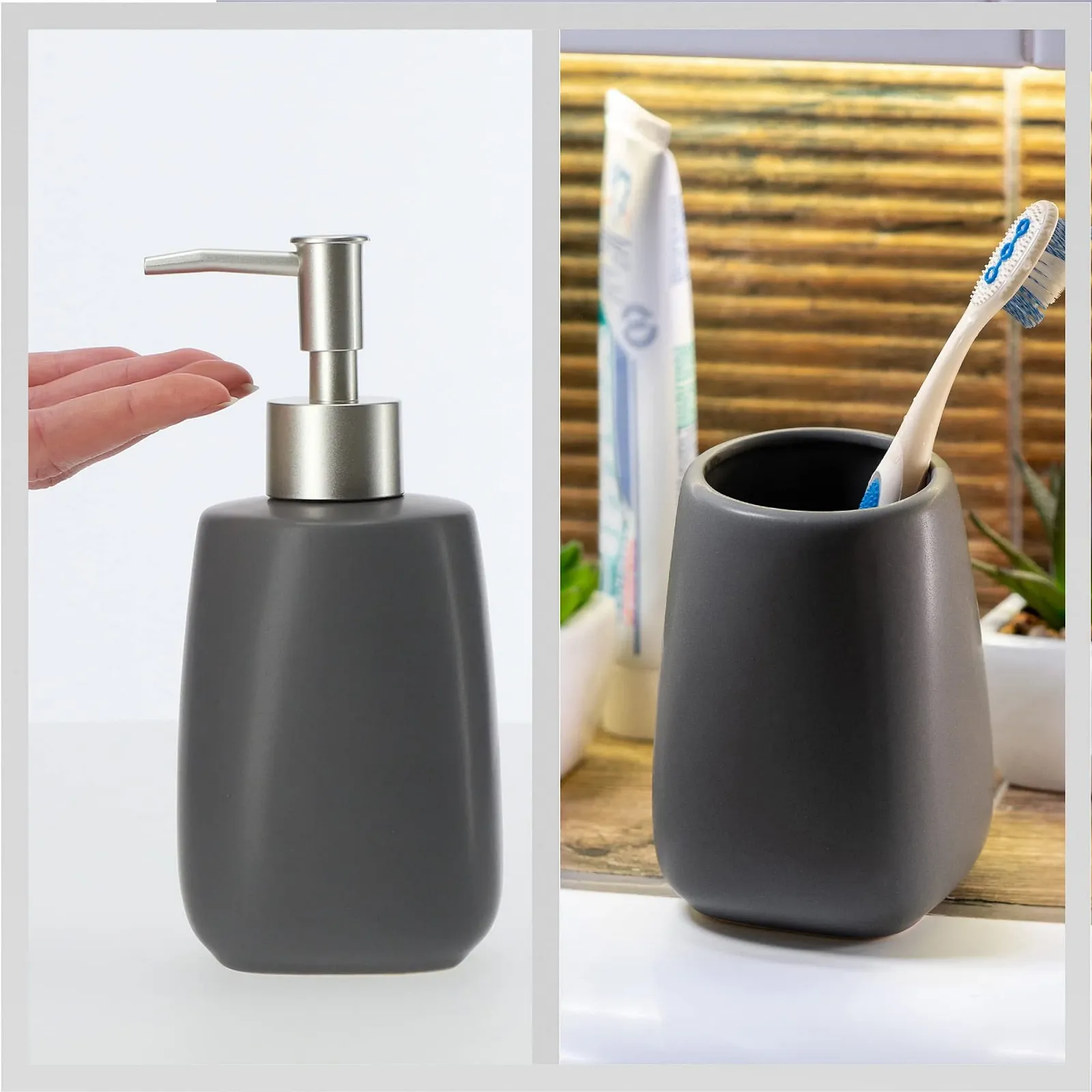 Набір для ванної кімнати KADAX, 2 предмети, кераміка, Стакан і Диспенсер, Антрацит, фото №9 Набір для ванної кімнати KADAX, 2 предмети, кераміка, Стакан і Диспенсер, Антрацит, фото №9