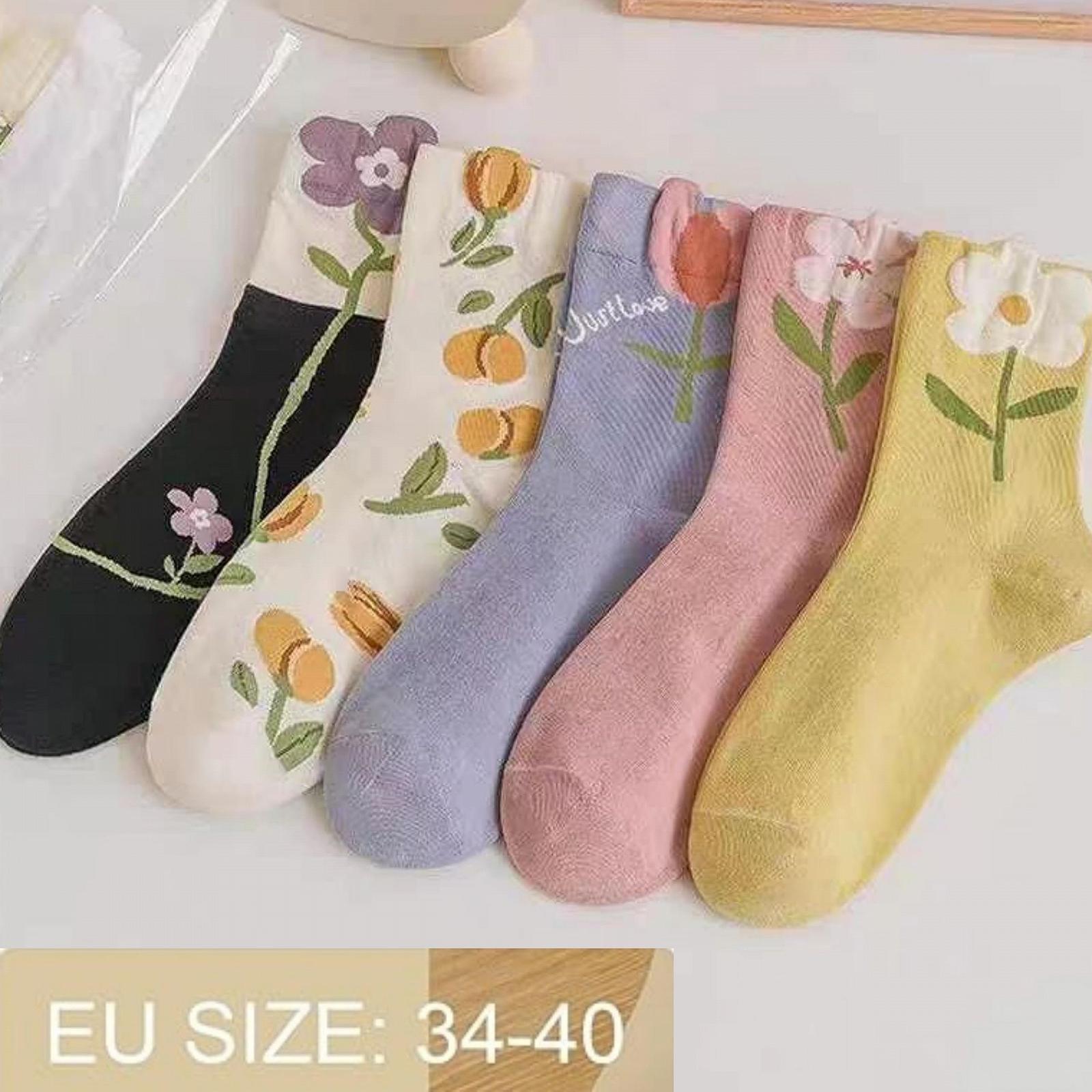 Женские носки, 5 пар цветных забавных длинных носков, винтажные хлопковые носки, мягкие носки с вышивкой цветов, дышащие эластичные носки с цветочным узором, для женщин и девушек, фото №5