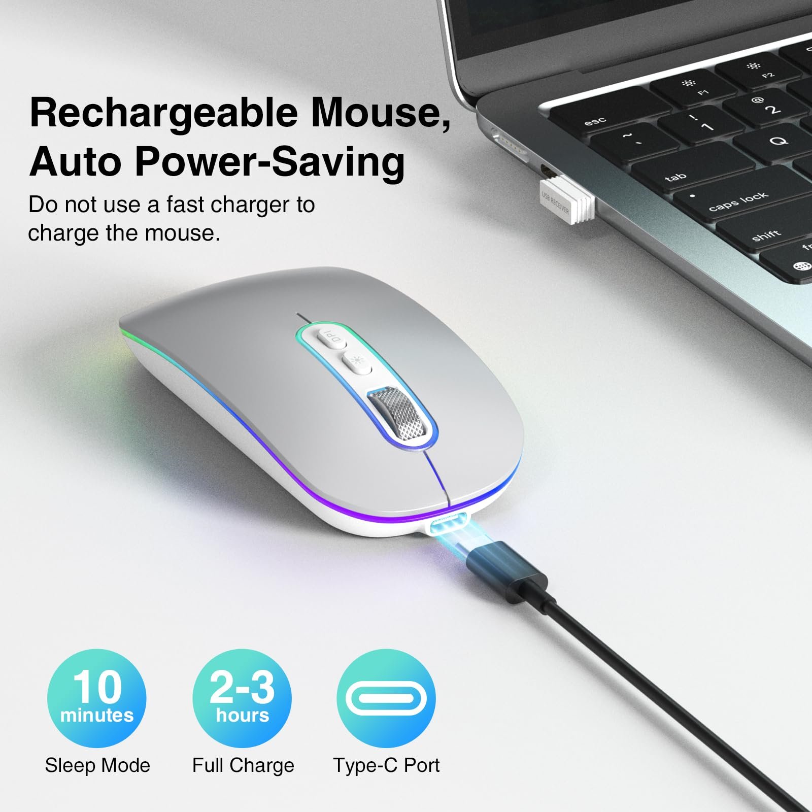 Мышь Bluetooth Cimetech Wireless (Bluetooth 5.1 + USB 2.4 GHz) LED Dual Mode Rechargeable Optical Office Wireless для ноутбука MacBook Air Pro, iPad, компьютера, настольного ПК с адаптером USB C, фото №3