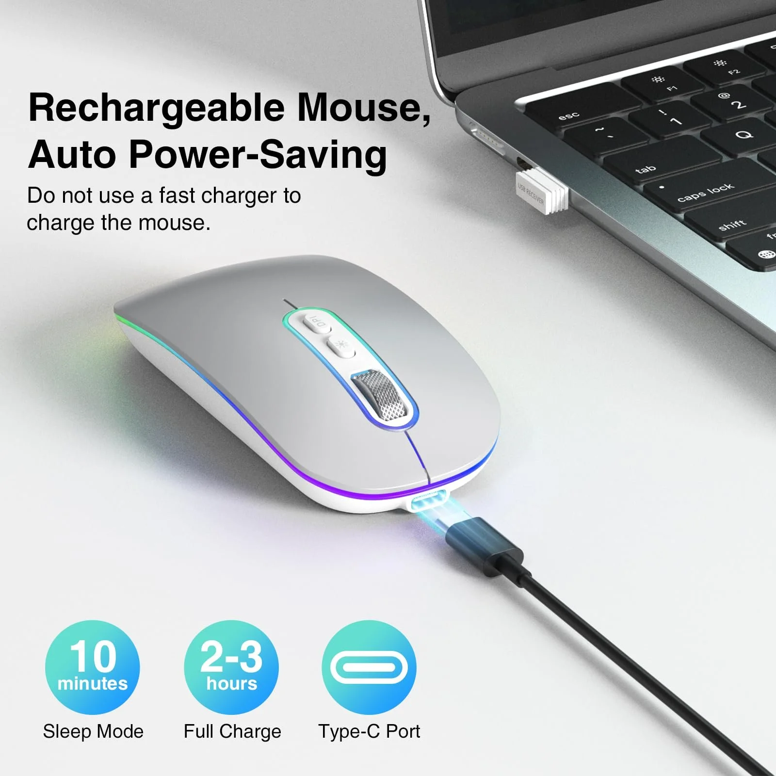 Миша Bluetooth Cimetech Wireless (Bluetooth 5.1 + USB 2.4 GHz) LED Dual Mode Rechargeable Optical Office Wireless для ноутбука MacBook Air Pro, iPad, комп'ютера, настільного ПК з адаптером USB C, фото №3