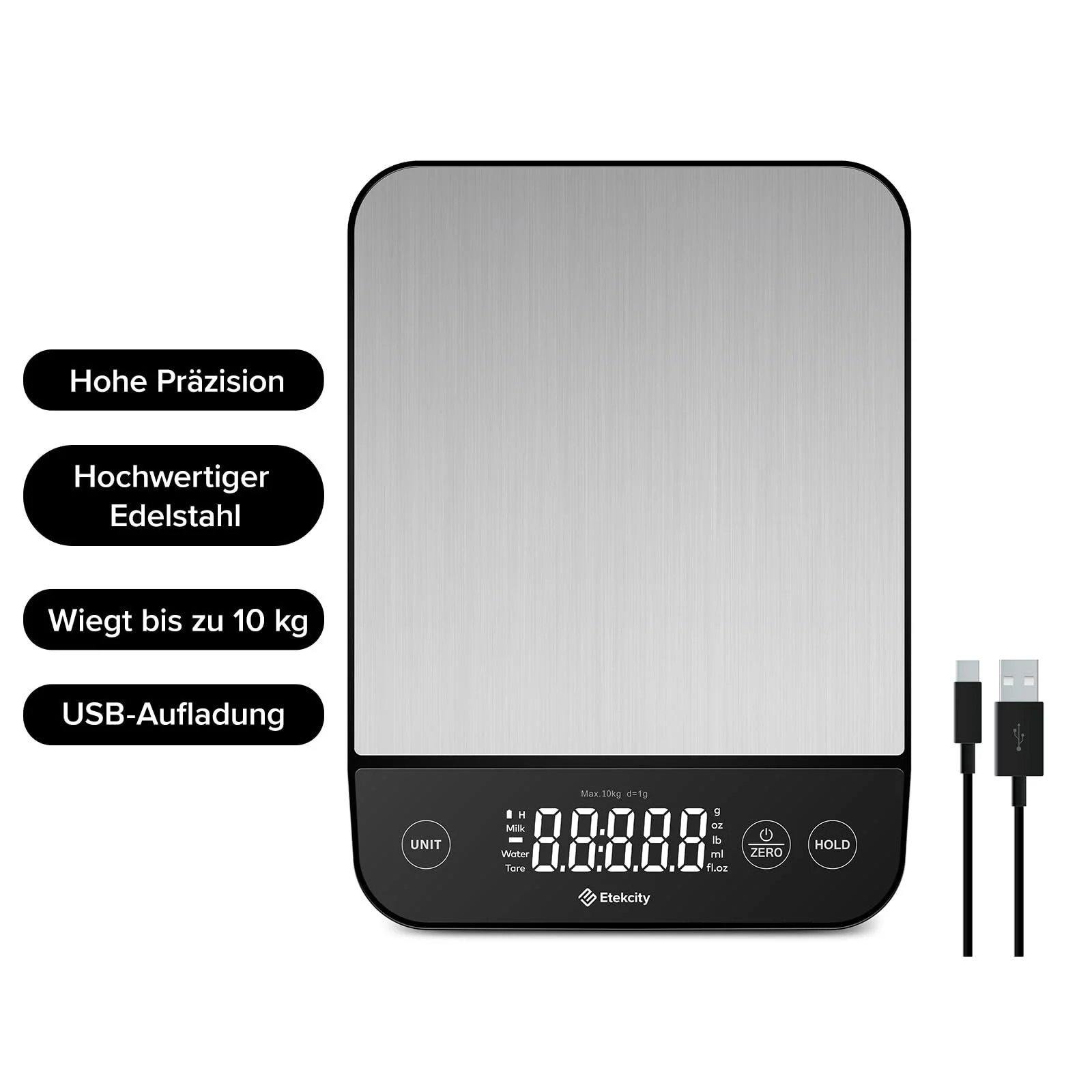 Кухонні ваги Etekcity Цифрові 10 kg 1 g LED USB Нержавіюча сталь, фото №2