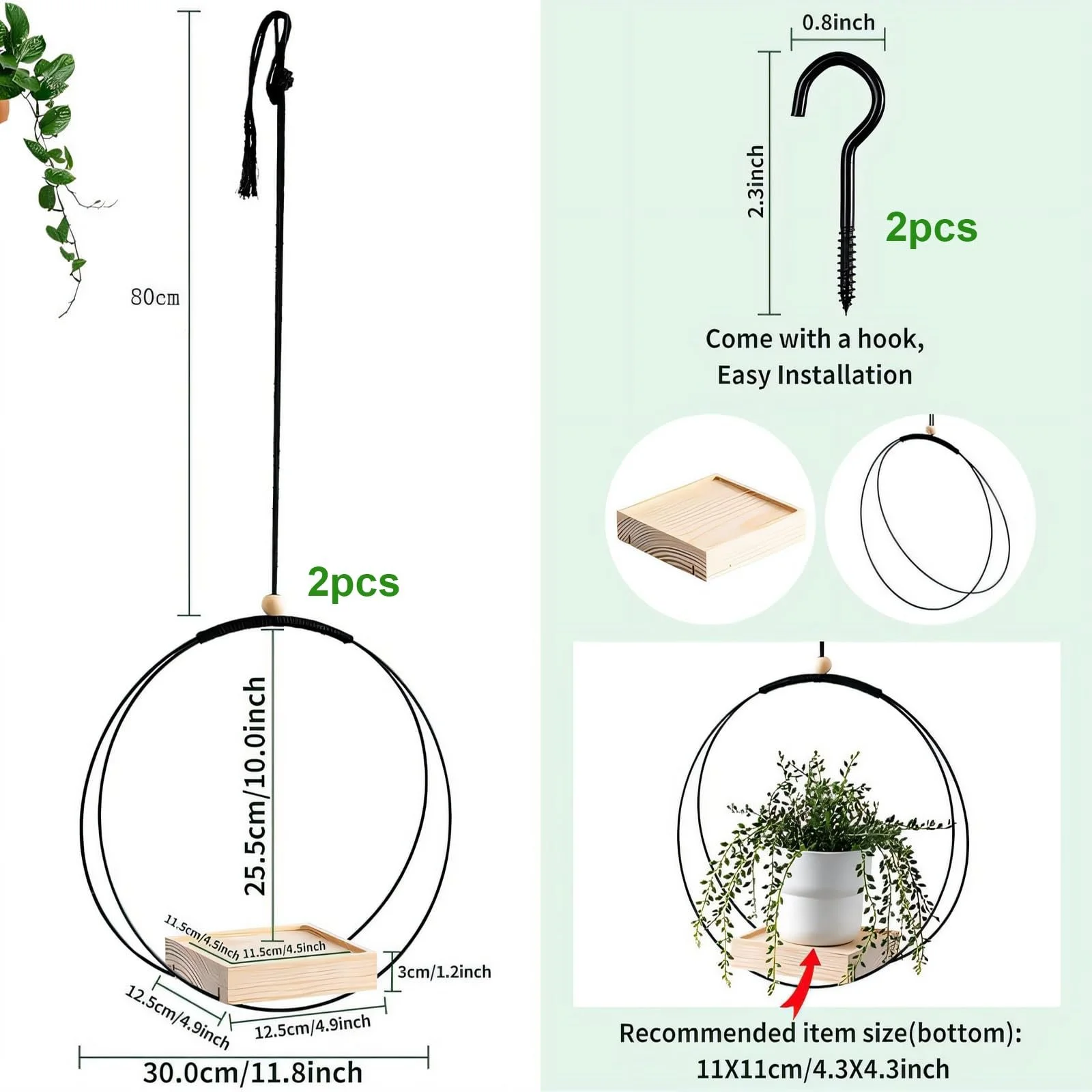 Підвісні корзини для квітів 2 шт з дерев'яною основою чорні, фото №2