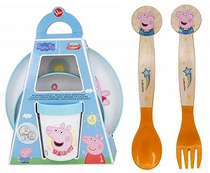 Набор детской посуды Peppa George: тарелка, миска, чашка, нескользящий, безопасный для микроволновой печи - Фото 1