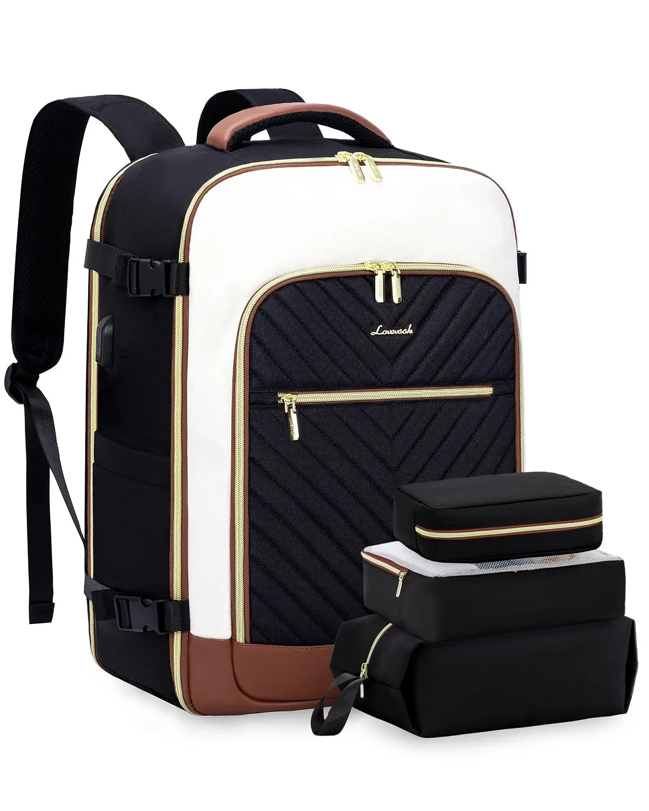 Рюкзак LOVEVOOK 40L для ручної поклажі жіночий 17.3 дюйма Black / White / Brown, фото №9