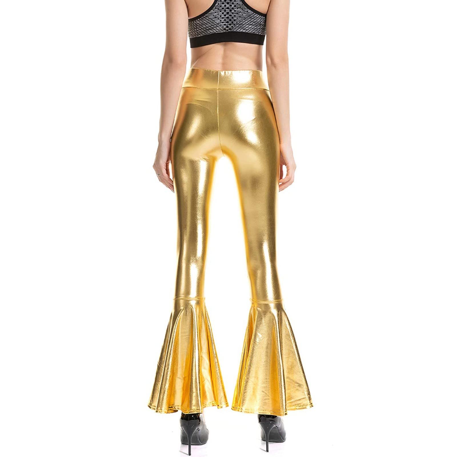 Жіночі блискучі кльош з високою талією Sexy Metallic Leggings Срібні легінси Hippie 70-х Glitzer Довгі Wet Look еластичні танцювальні Для вечірки танцювальної дискотеки клубного одягу карнавальний костюм, фото №5