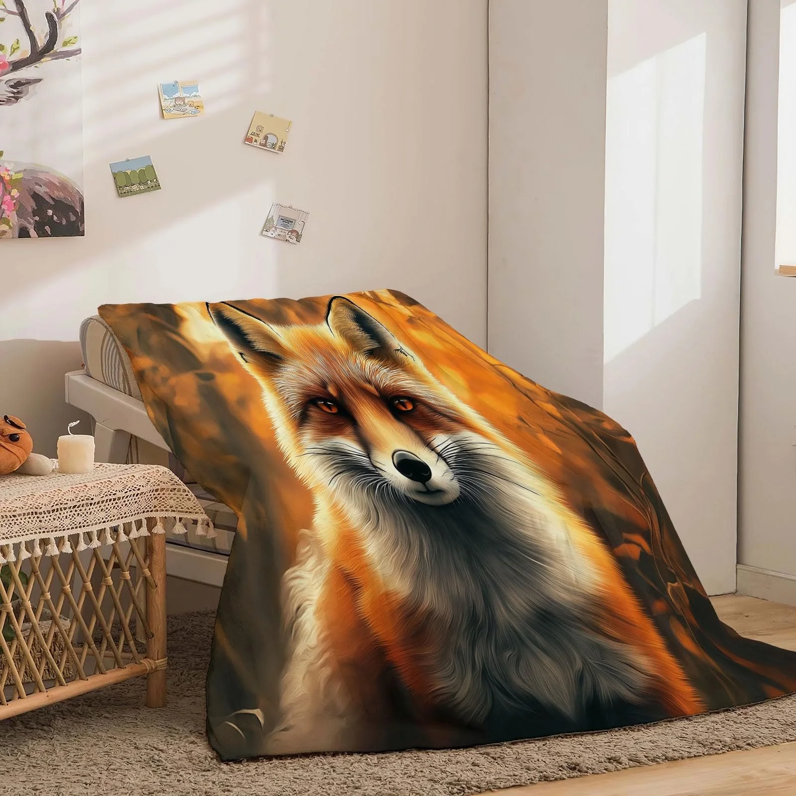 Одеяло Флисовое Мягкое Теплое С Мотивом Лисы, Лесных Листьев 180 x 220 см Коричневое, фото №5