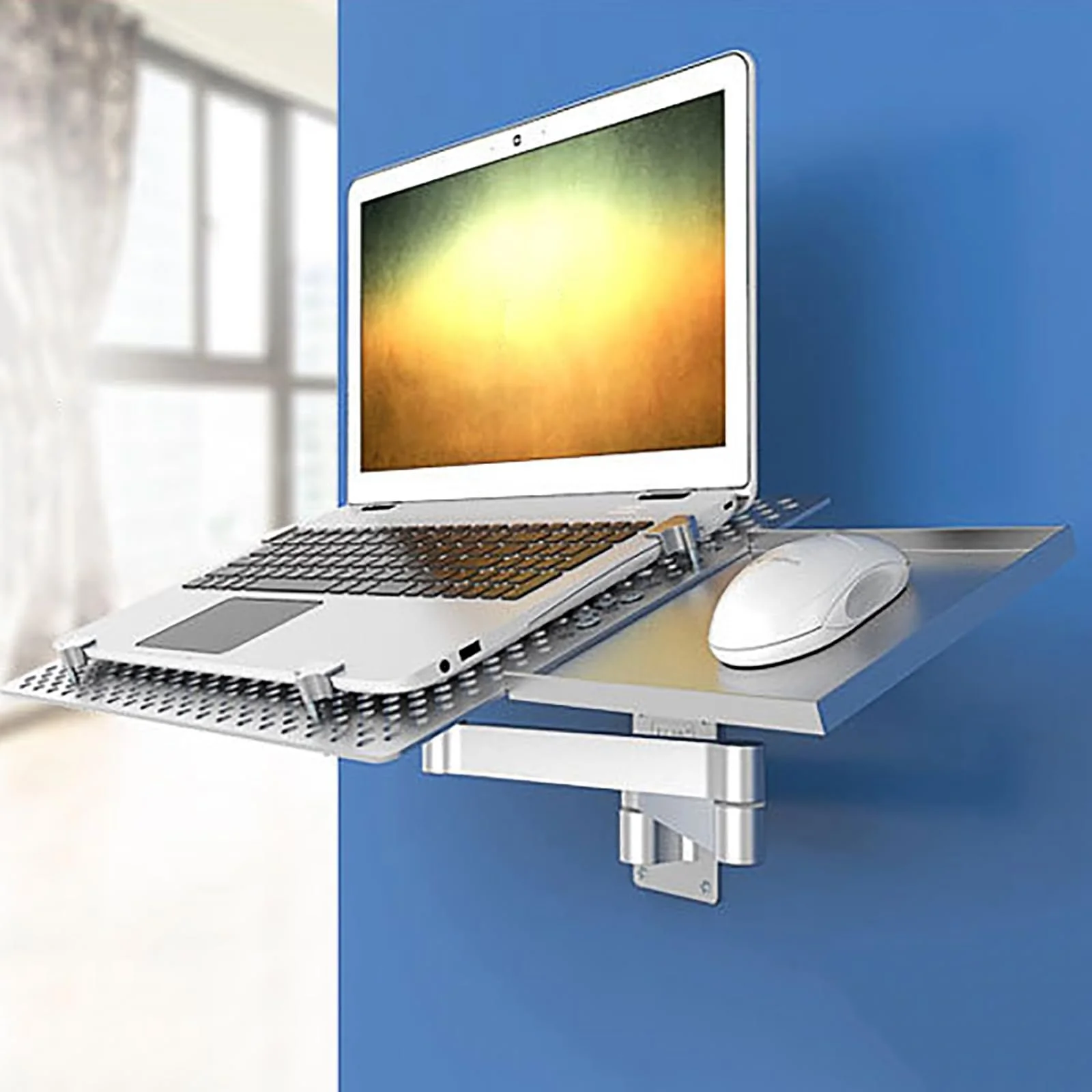 Настенное крепление для ноутбука, регулируемый кронштейн для ноутбука с подставкой для мыши, вентилируемая охлаждающая платформа, полная артикуляция движения, подставка для ноутбука, грузоподъемность 8 кг, для офиса, рабочей станции, фото №1