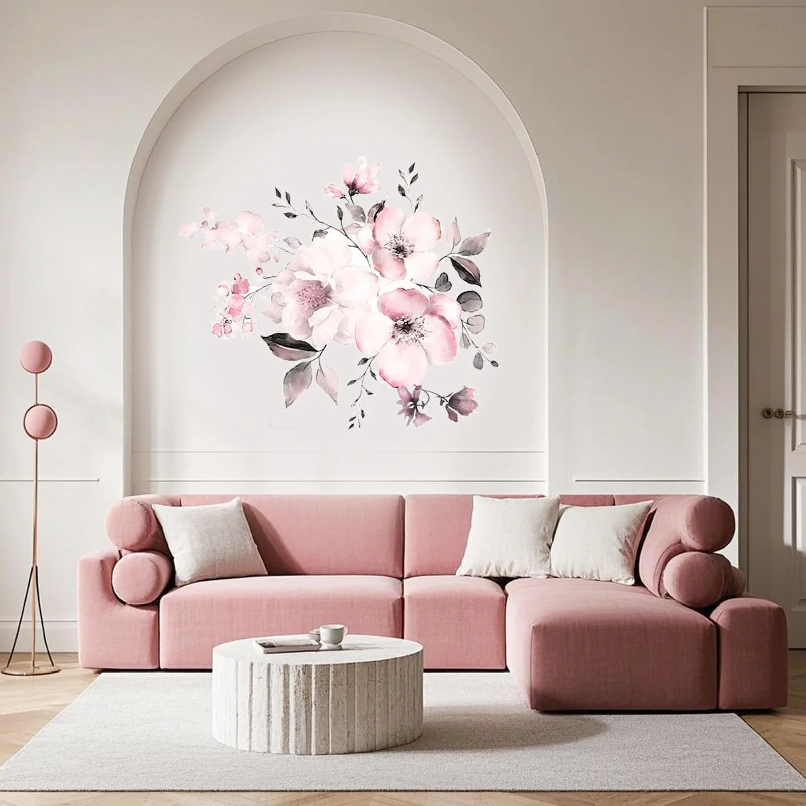 Наклейка на стіну Акварельні квіти вінтажні рожеві суцвіття та листя винограду 58 x 52 см, фото №4