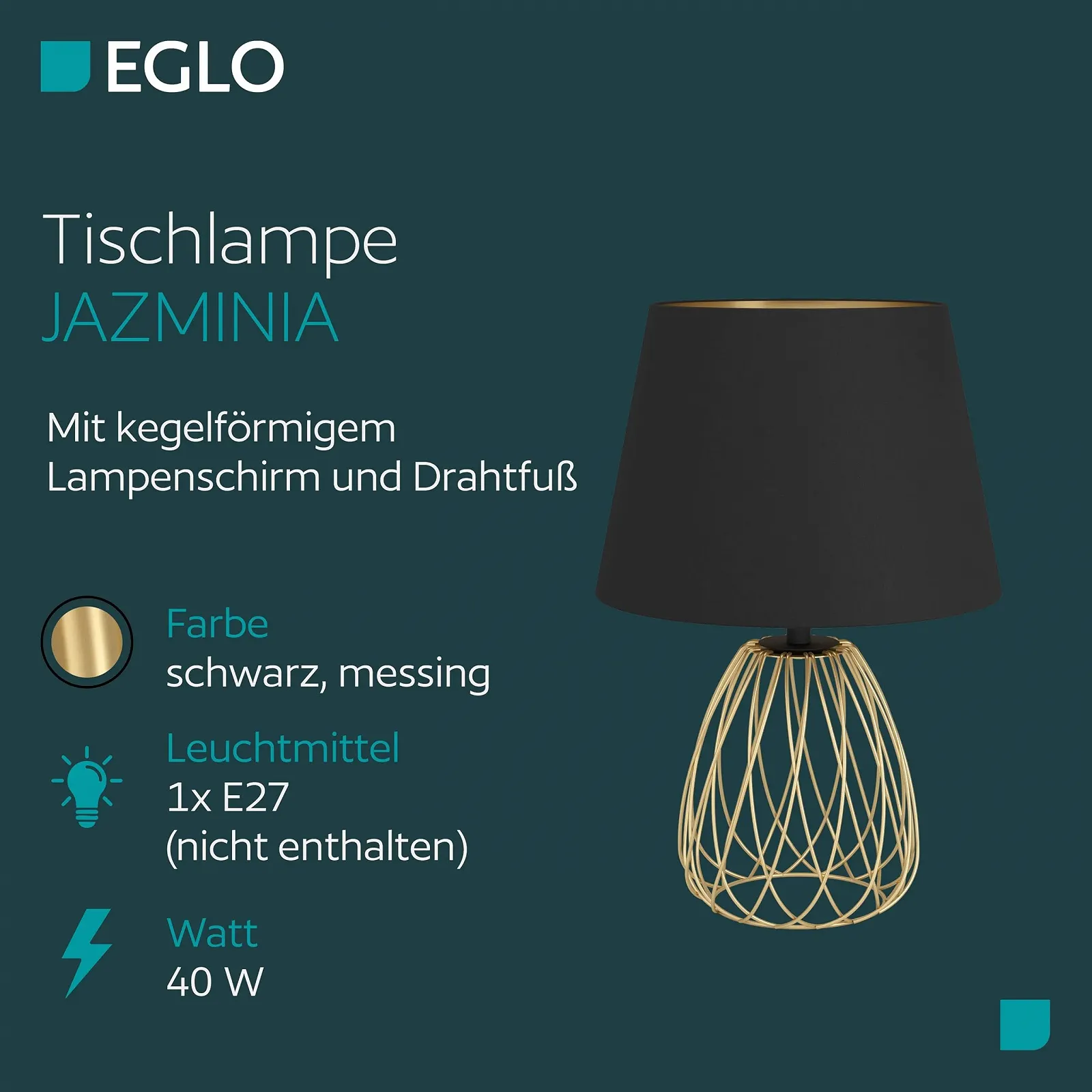 Настільна лампа EGLO JAZMINIA Vintage 45 см Black & Brass Metal Textile Shade E27, фото №2