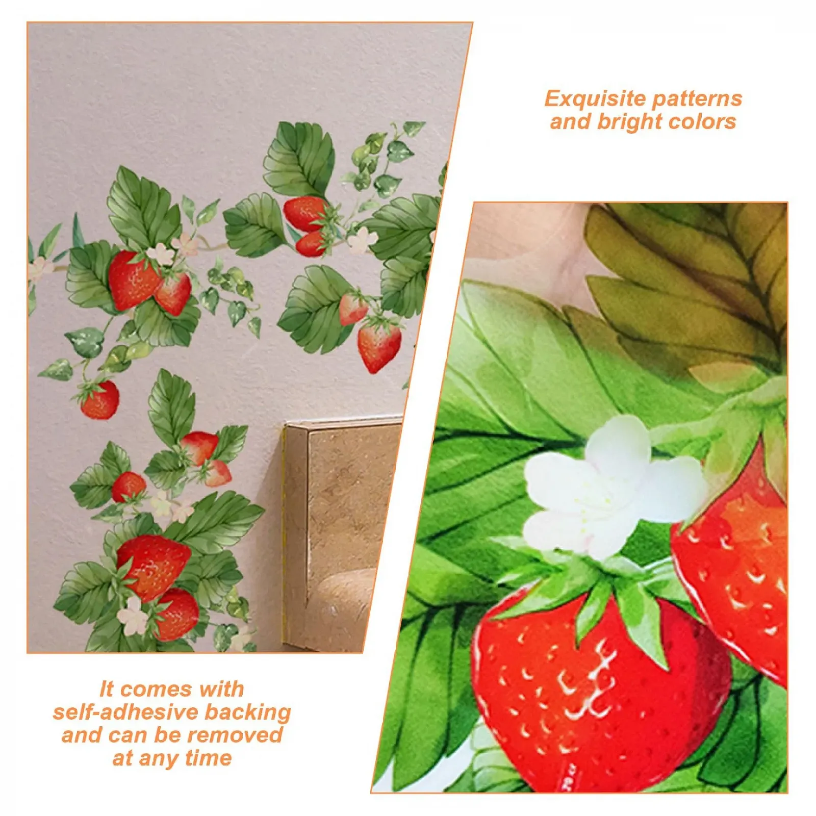 Наклейки на стіну Полуниця та лоза Самоклеючі 2 шт. 6 x 24 дюйми Червоний/Зелений, фото №6