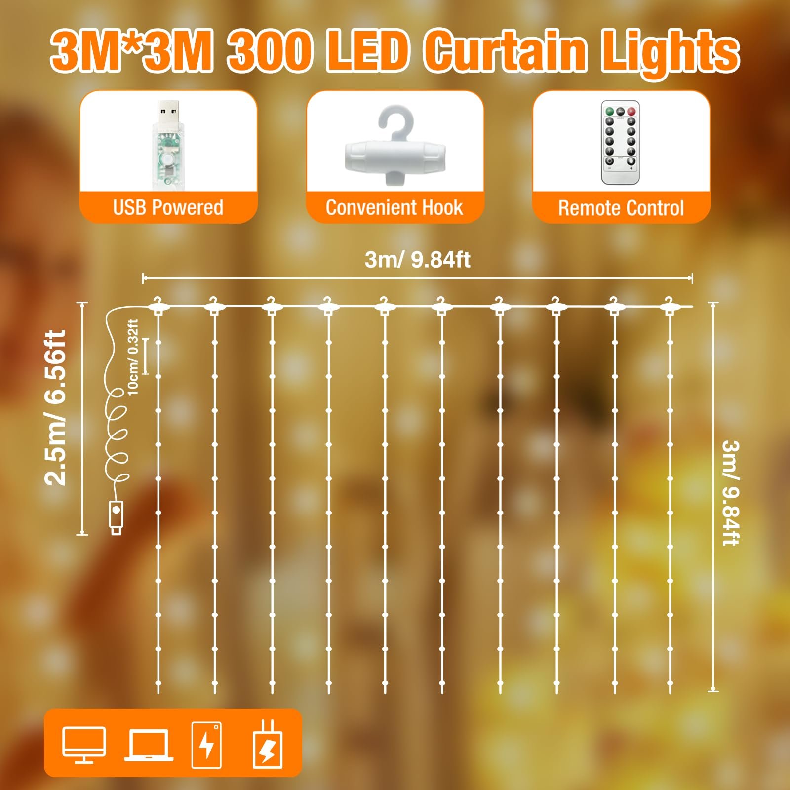 Световая завеса btfarm 3 x 3 м, 300 LED, теплый белый, фото №5