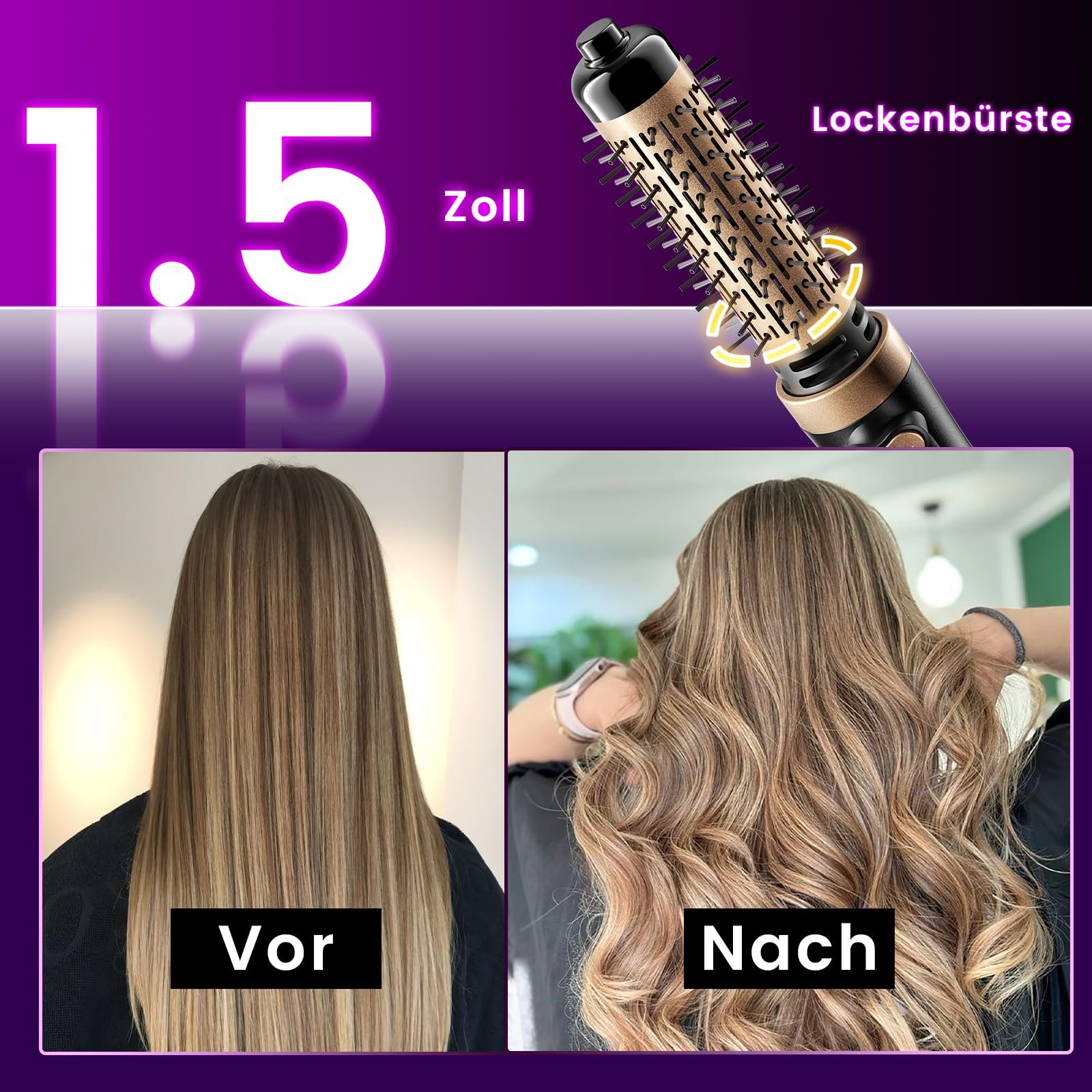 Вращающаяся фен-щетка Tresses Touch 3 в 1 с ионизацией и 2 насадками (1.5" и 2"), фото №6 Вращающаяся фен-щетка Tresses Touch 3 в 1 с ионизацией и 2 насадками (1.5" и 2"), фото №6