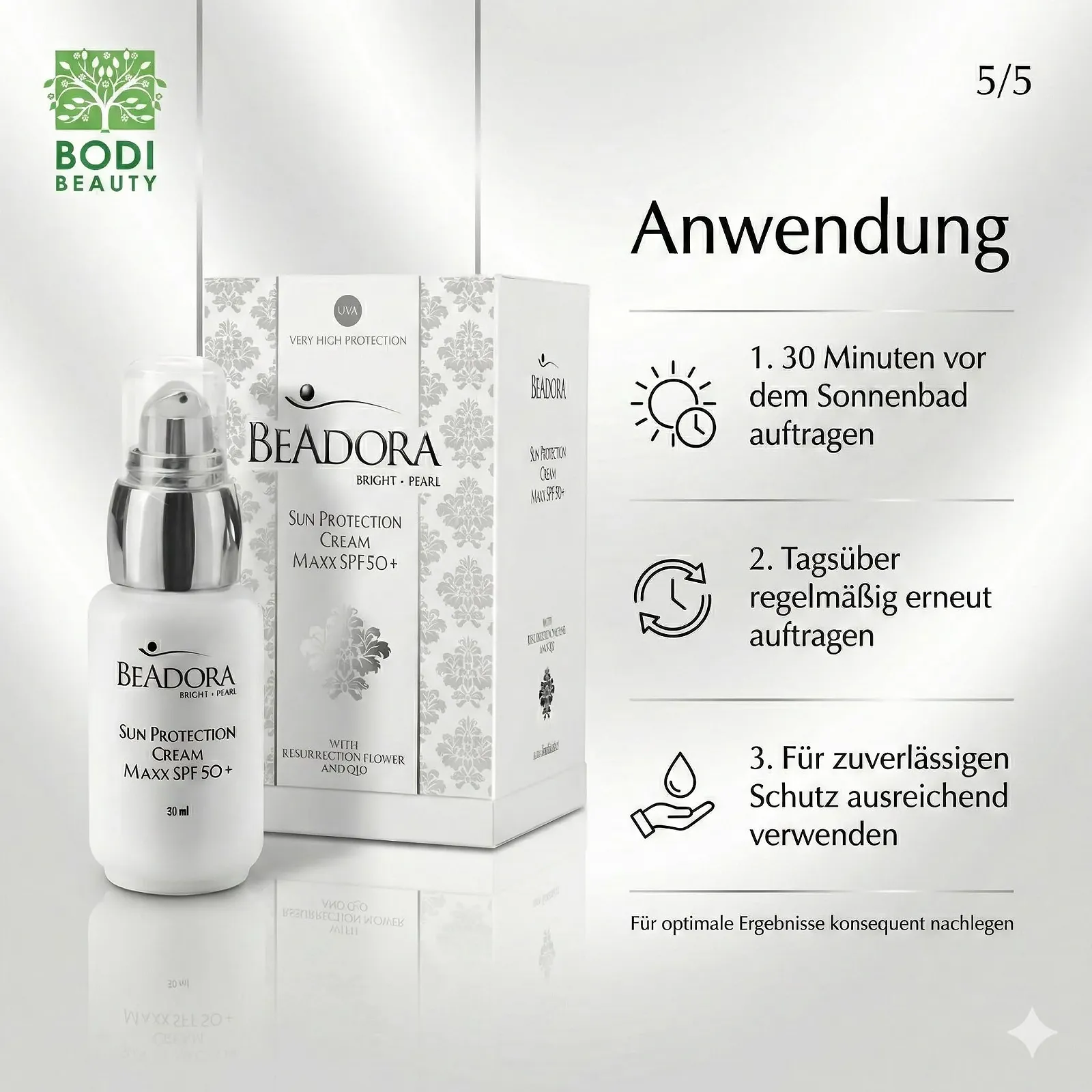 Денний крем BeAdora Bright Pearl MAXX SPF 50+ з ніацинамідом, альфа-арбутином та Q10 30 ml, фото №6