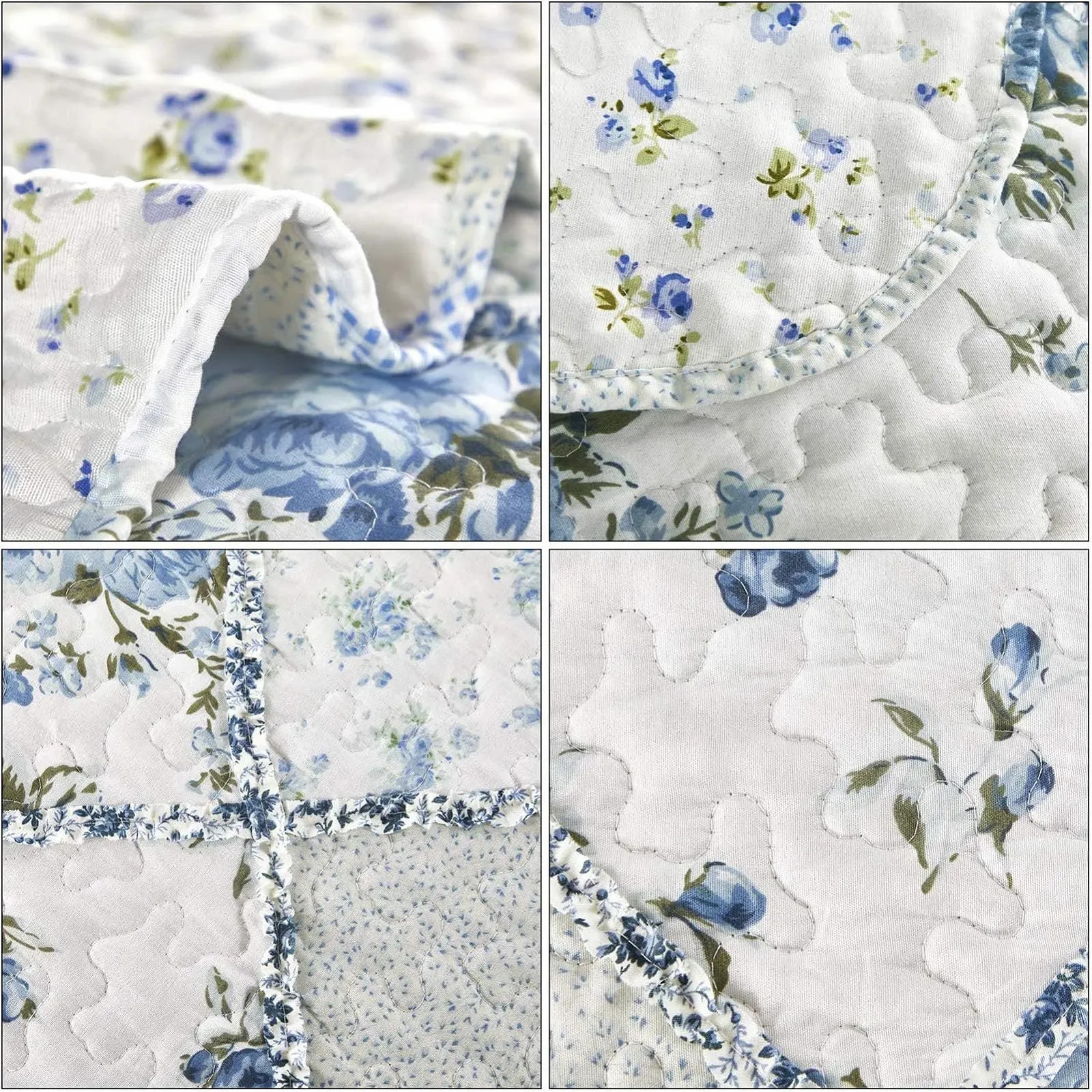 Покрывало DECMAY 220 x 240 см Голубое лоскутное одеяло с цветочным узором для двуспальной кровати, набор из 3 предметов с наволочками, микрофибра, простой дизайн со сборками, фото №8