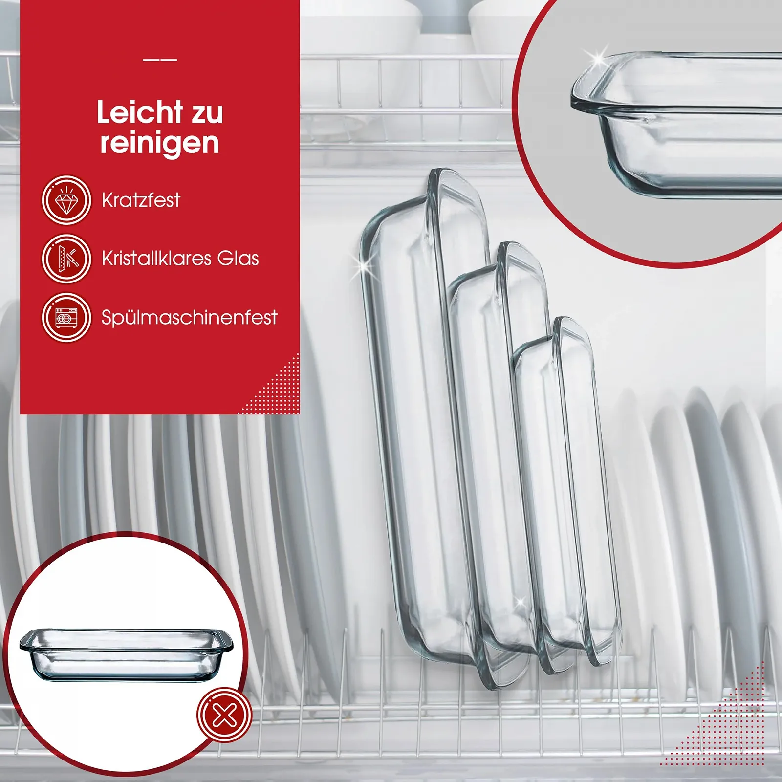 Набор форм для духовки 3 шт. 1 л - 1,6 л - 2,2 л Стеклянные Прямоугольные, фото №4