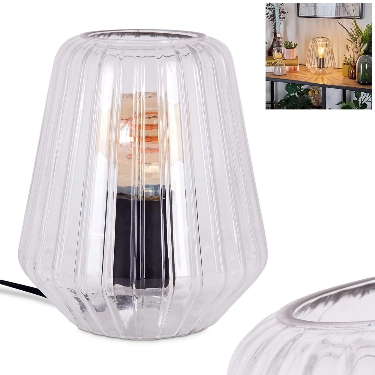 Настільна лампа HOFSTEIN Telhais Modern Vintage / Retro Design Метал / Скло Ø17 см E27 Чорний / Прозорий, фото №1