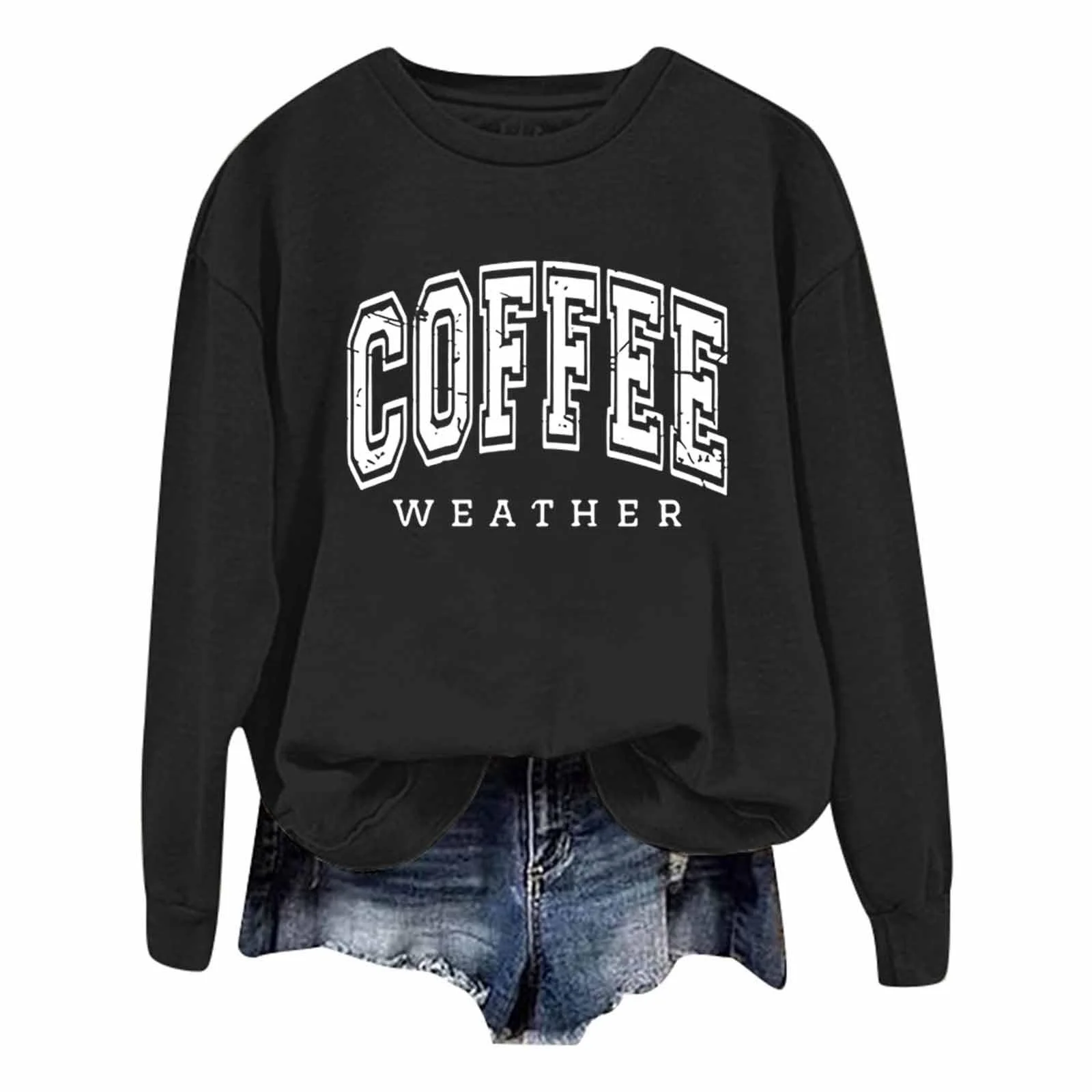 Женская Толстовка с Буквенным Принтом Coffee Weather, С Длинными Рукавами, Круглым Вырезом, Свободный Пуловер, Блузка, Повседневные Осенние Топы, Куртка, фото №1