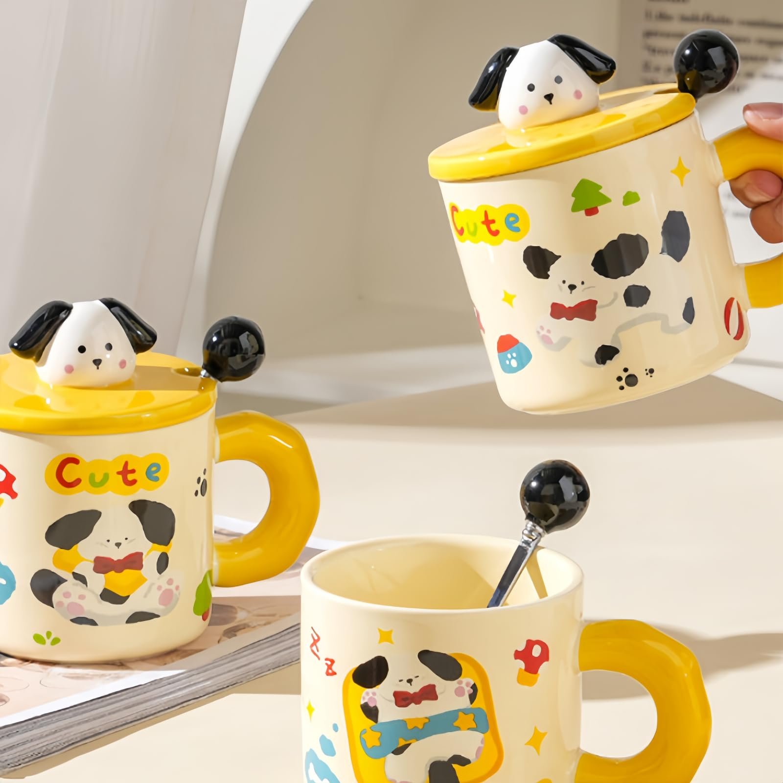 Чашка 450 мл Керамічна Кружка з Мультяшним Собакою з Кришкою та Ложкою, фото №5