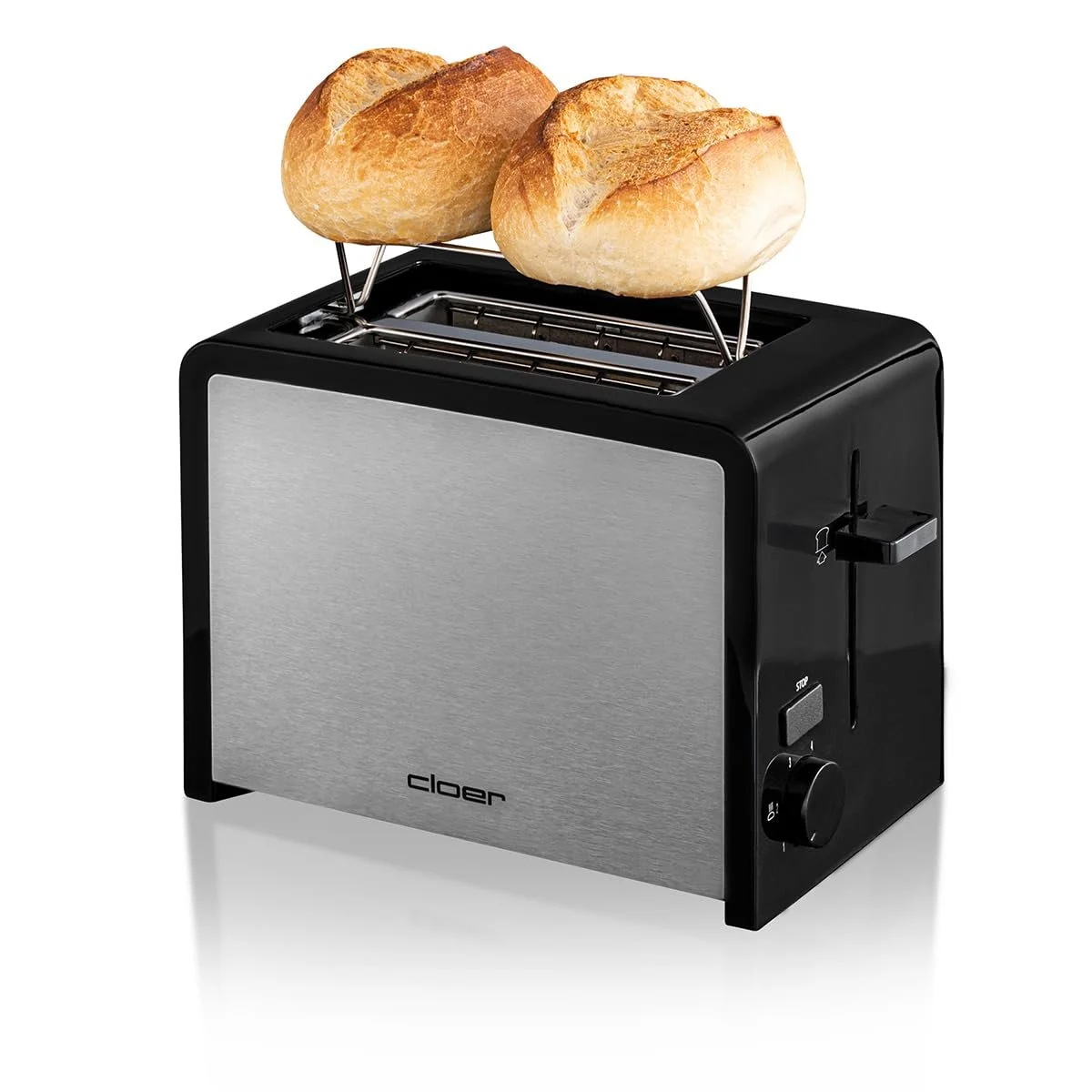 Тостер Cloer 3210 825 Вт 2 скибочки з інтегрованою хлібною насадкою, піддоном для крихт, термоізольований, нержавіюча сталь, чорний, фото №4
