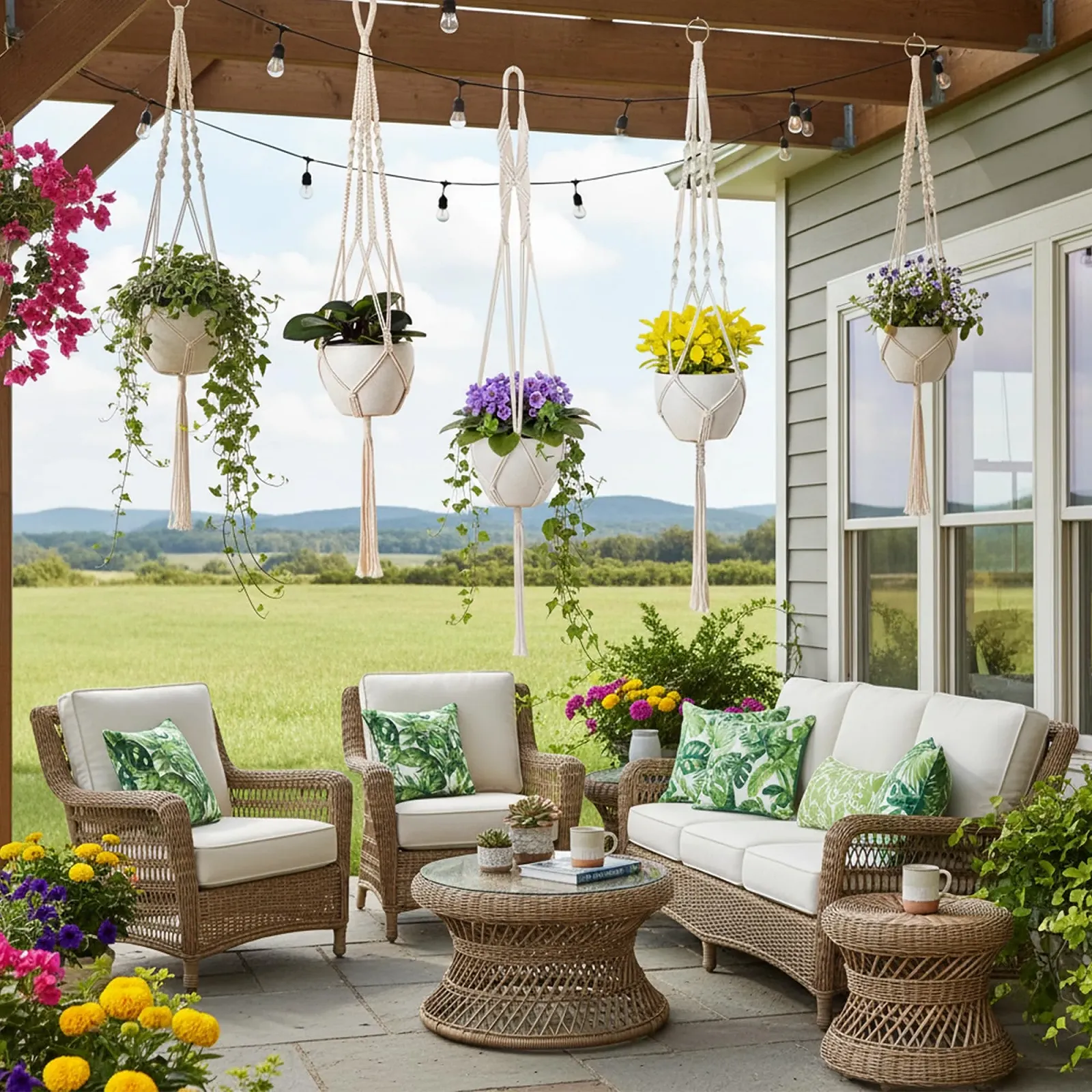 Подвесные корзины Набор 5 шт. хлопковая веревка 10 крючков 2 размера: 4x105 см и 1x140 см, фото №8 Подвесные корзины Набор 5 шт. хлопковая веревка 10 крючков 2 размера: 4x105 см и 1x140 см, фото №8