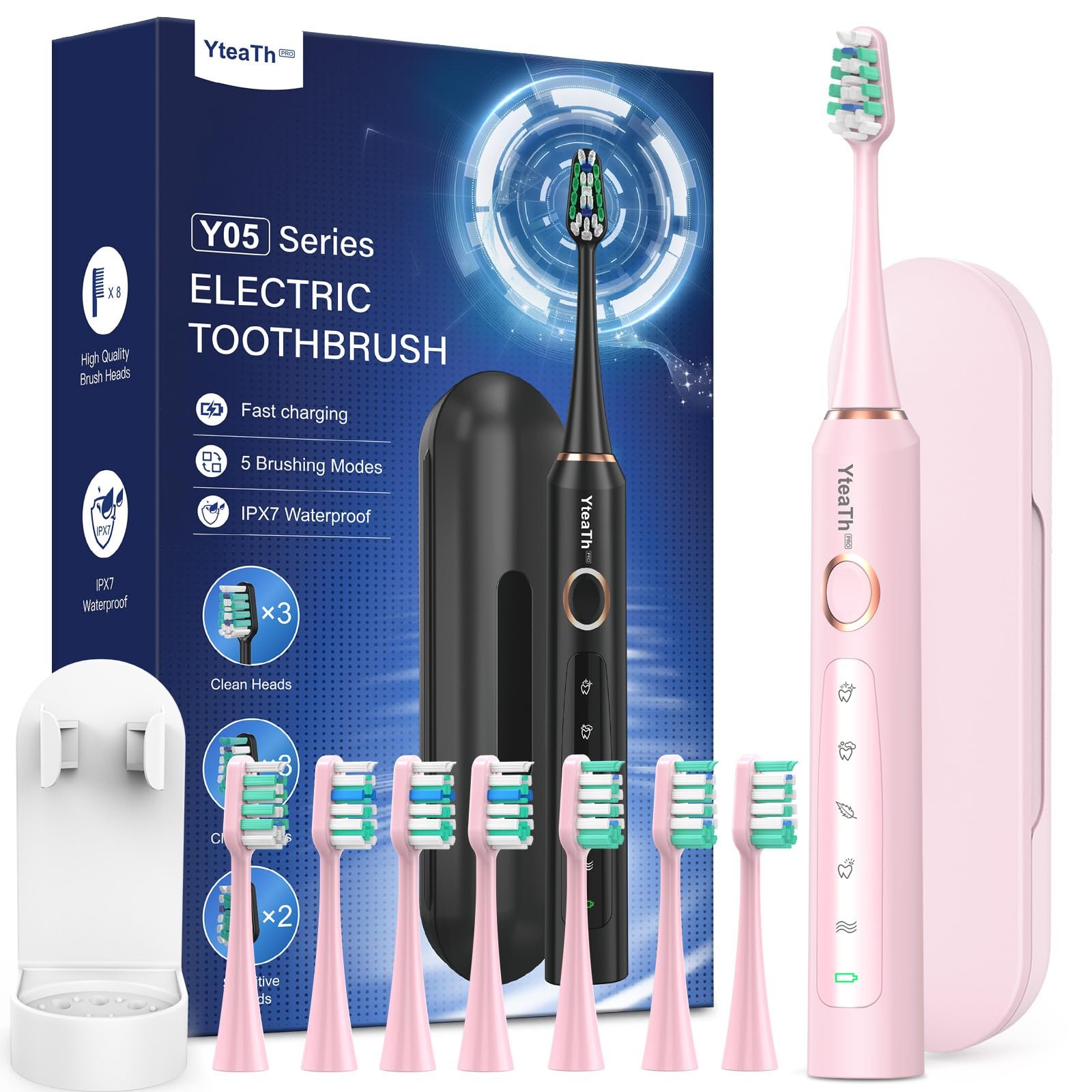 Электрическая зубная щетка YTEATH PRO Sonic, розовая. В комплекте 8 насадок., фото №1