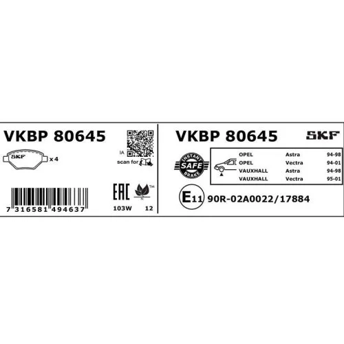 Комплект гальмівних колодок дискового гальма SKF VKBP 80645 для OPEL VAUXHALL CHEVROLET DAEWOO, фото №2