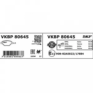 Комплект тормозных колодок дискового тормоза SKF VKBP 80645 для OPEL VAUXHALL CHEVROLET DAEWOO synthetic.ua - Фото 1