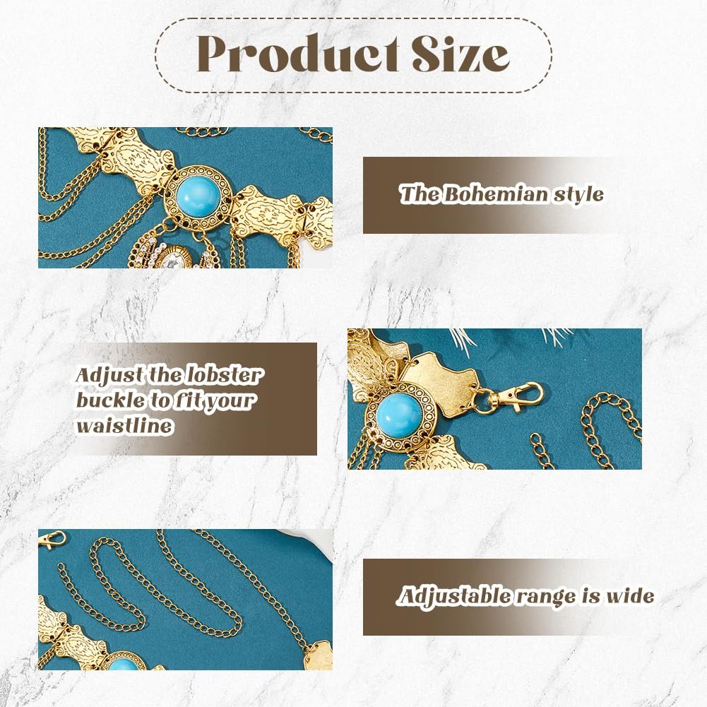 Пояс-цепочка на талию Boho GORGECRAFT Золотистый Многослойный Кисточка Монета Бирюзовый Страз Подвеска Винтажный Богемный Сплав Регулируемый Цепочка для тела Живот Платье Аксессуары для талии, фото №6