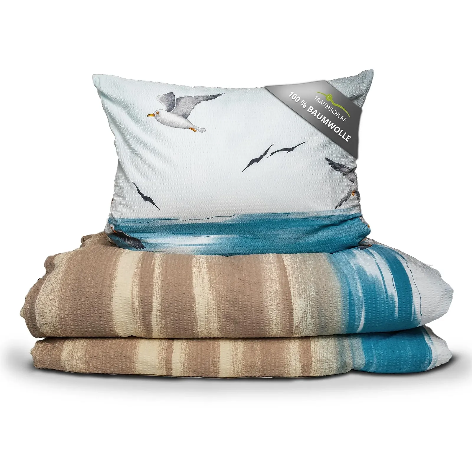 Комплект постільної білизни Traumschlaf Seersucker 135 x 200 см бавовна морський стиль з блискавкою Чайки, фото №1