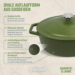 Кастрюля-жаровня QULINART чугунная овальная 4.7 л 30 см матовая зеленая индукционная synthetic.ua - Фото 1