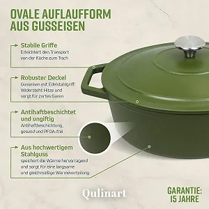 Кастрюля-жаровня QULINART чугунная овальная 4.7 л 30 см матовая зеленая индукционная synthetic.ua - Фото 1