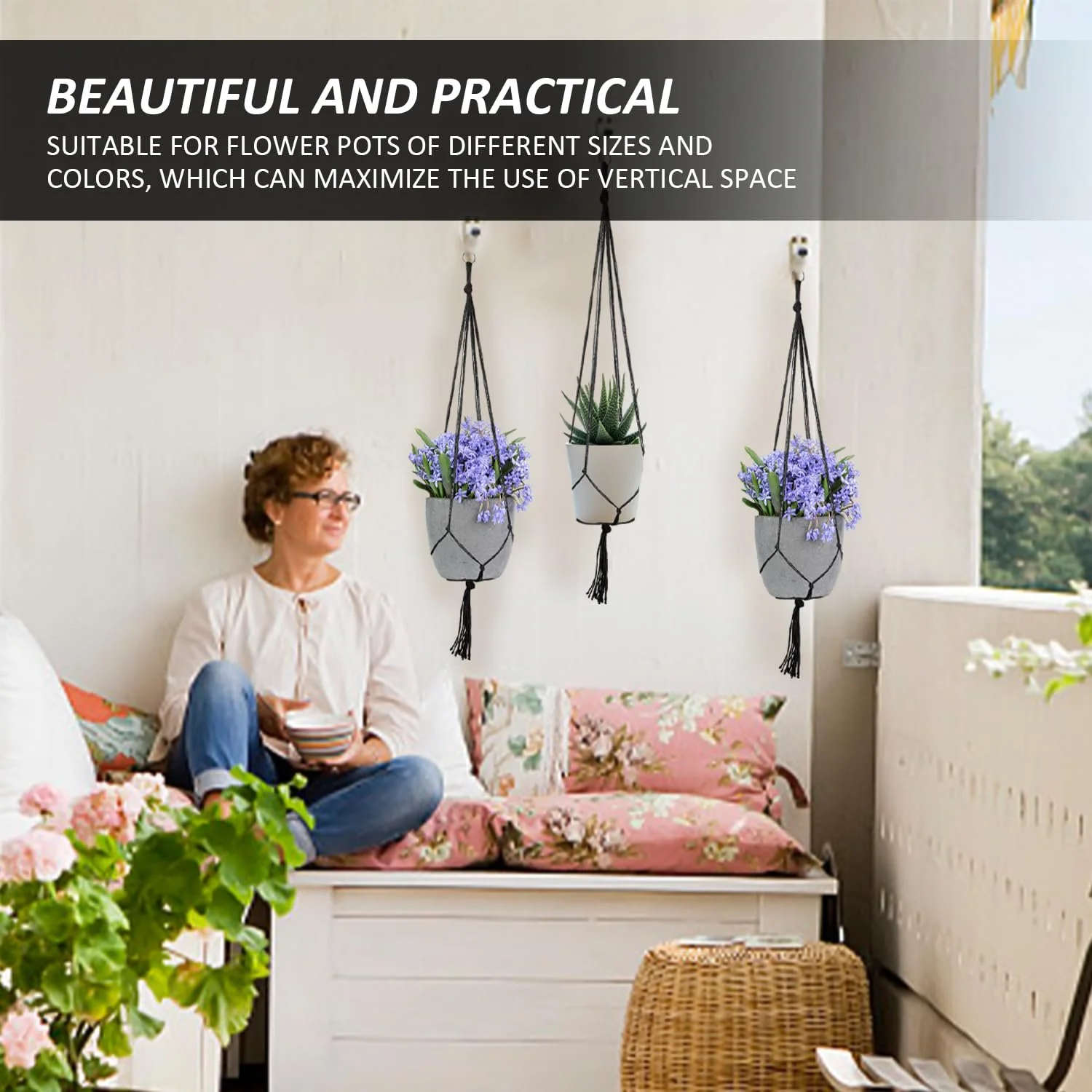 Підвісний кошик Lace Hanging Basket набір із 6 шт. бавовняна мотузка Чорний, фото №4