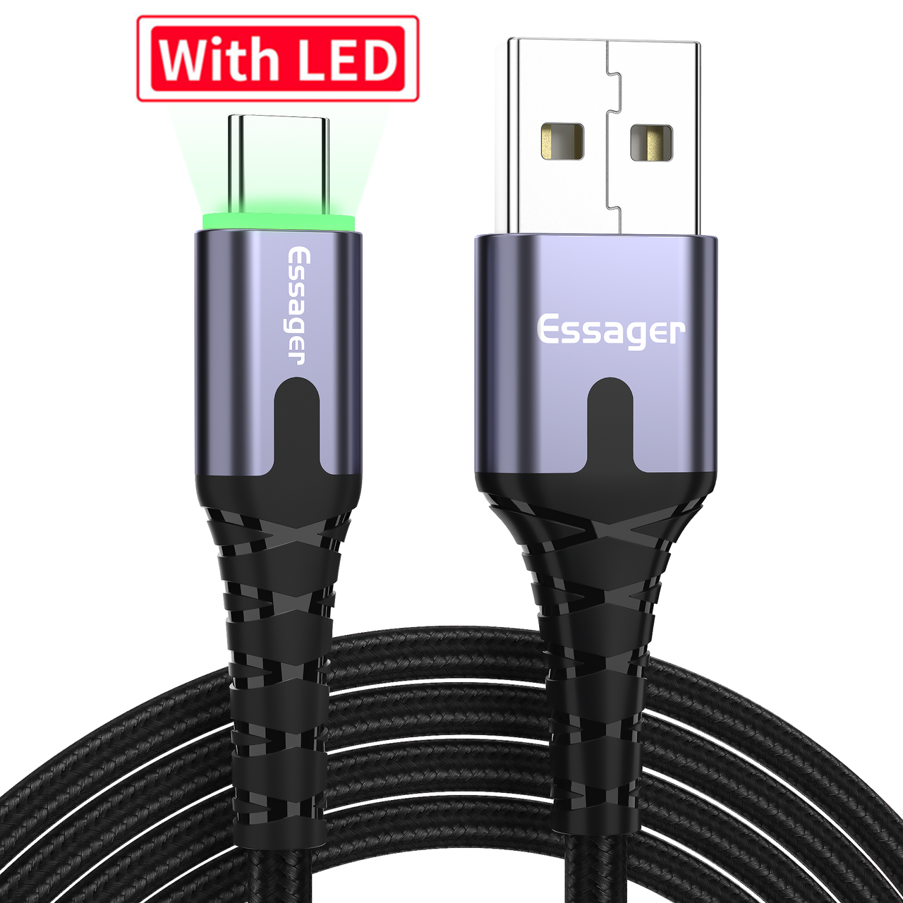 Зарядный кабель с подсветкой ESSAGER USB Type-C 3A 2метра(PS), фото №4 Зарядный кабель с подсветкой ESSAGER USB Type-C 3A 2метра(PS), фото №4