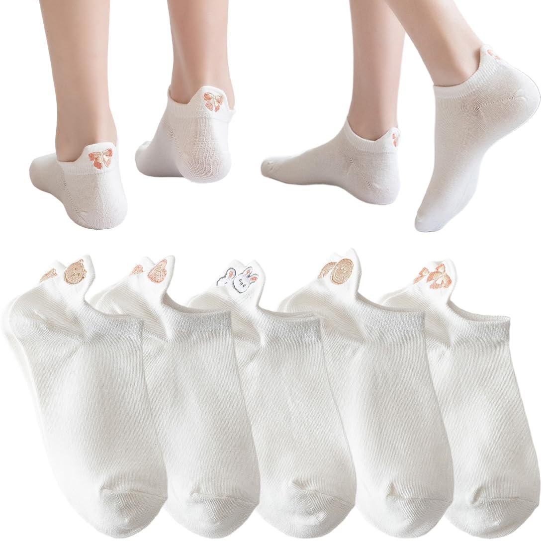 Спортивные носки Женские 35-38, 5 пар Белые носки, Хлопковые носки, Забавные носки, Носки со смайликами, для повседневного использования Спорт, Тренажеры (Сердце, Кролик, Медведь, Смайлик, Бант), фото №1