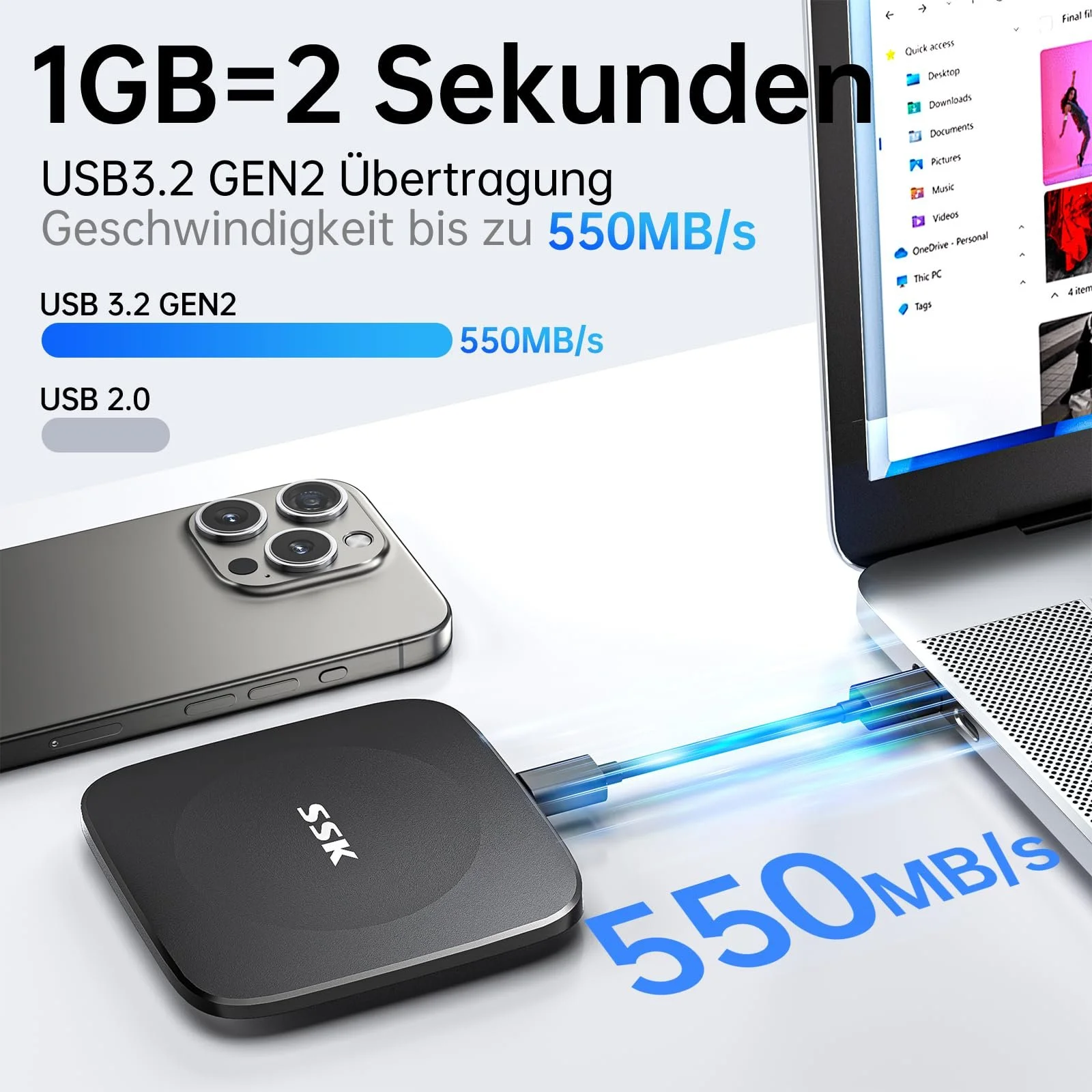 Зовнішній SSD SSK 2TB до 550 MB/s USB 3.2 GEN2 Type-C USB-C/A, фото №2