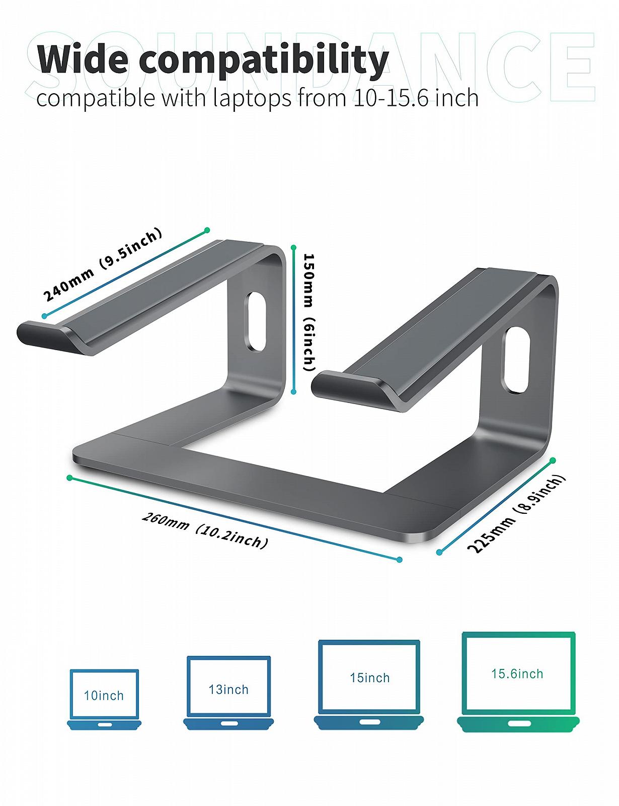 Підставка для ноутбука SOUNDANCE, алюмінієва для комп'ютера, ергономічна, сумісний з ноутбуками 10-15,6 дюймів, сіра, фото №2