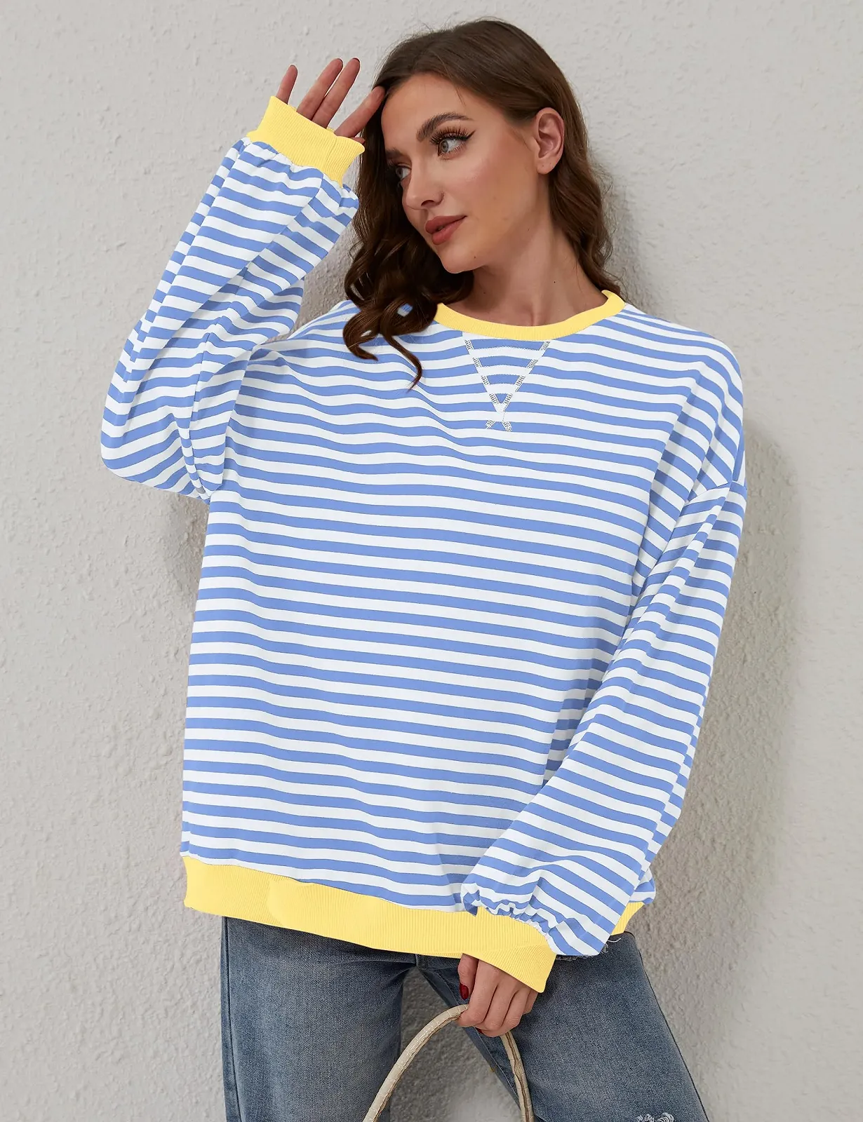 Женская рубашка TERIVEEK Oversized в полоску, колор-блок, с длинными рукавами, круглым вырезом, повседневная, свободного кроя в стиле Y2K, фото №6 Женская рубашка TERIVEEK Oversized в полоску, колор-блок, с длинными рукавами, круглым вырезом, повседневная, свободного кроя в стиле Y2K, фото №6