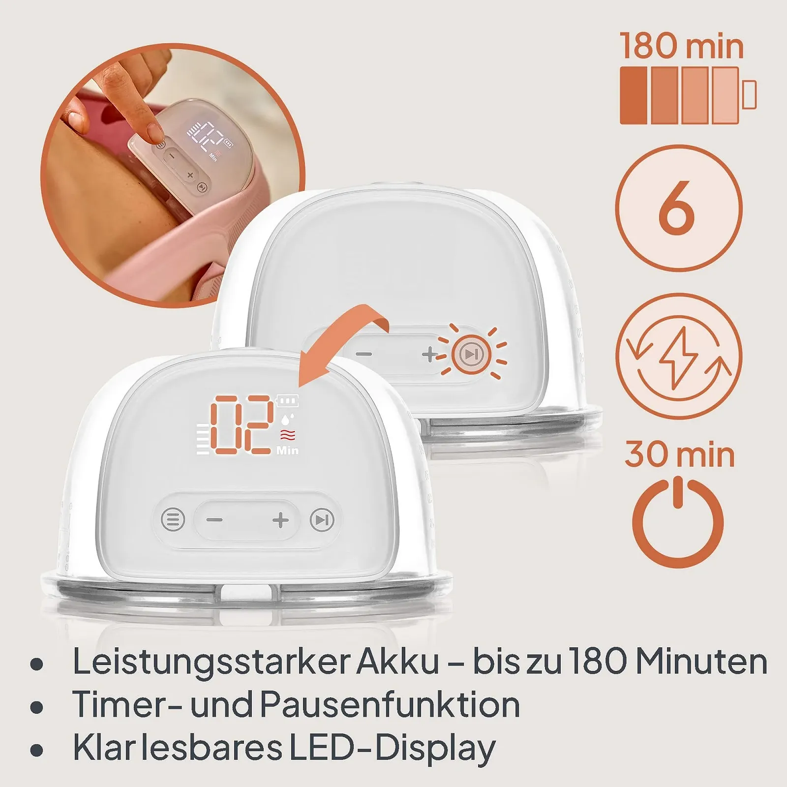 Электрический молокоотсос LIONELO Fidi Free Lumi Hands-Free 2 режима 9 уровней дисплей 6 воронок, фото №7