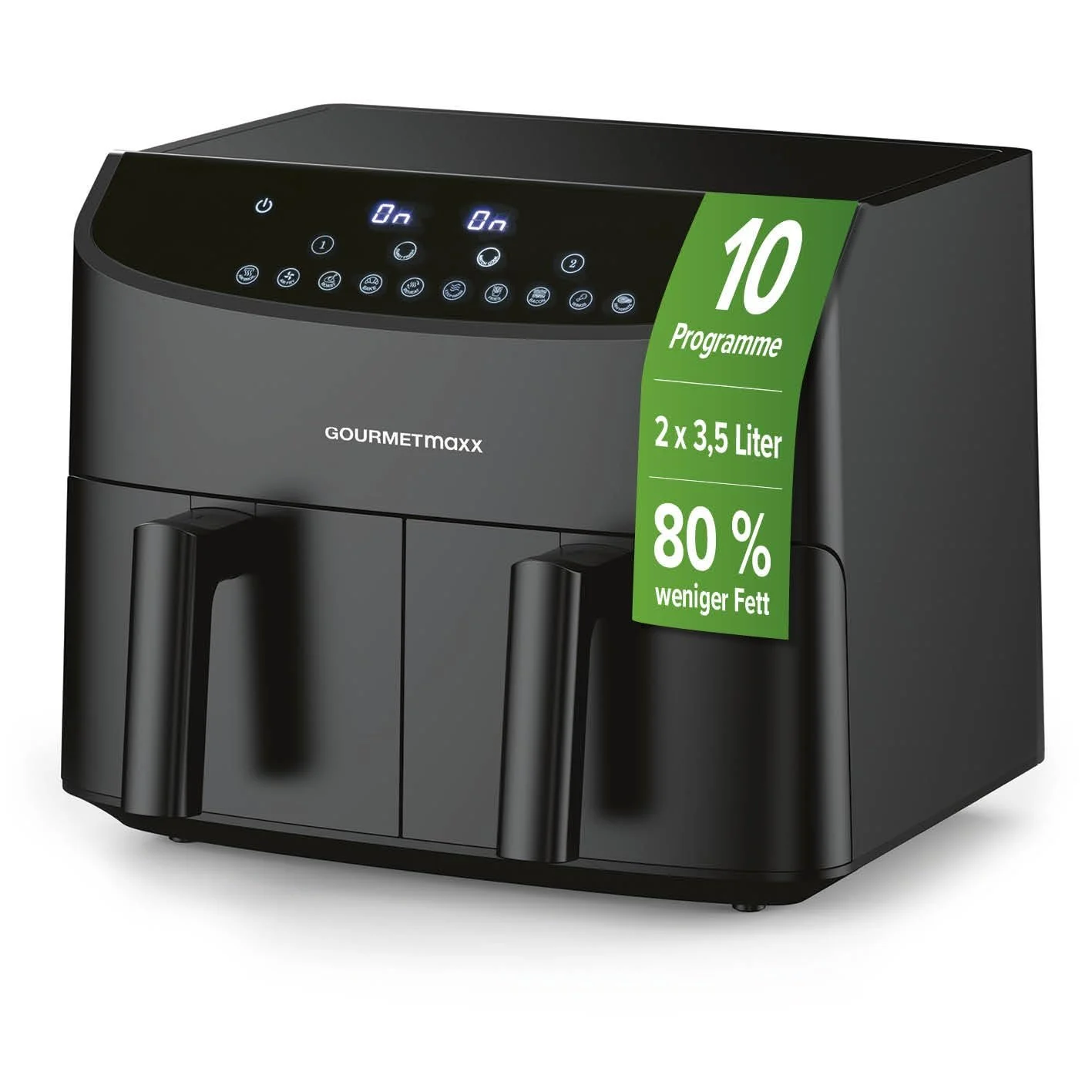 Мультипечь Gourmetmaxx Double Chamber Hot Air Fryer 2 x 3.5 л 2400 Вт 10 программ Чорний, фото №1 Мультипечь Gourmetmaxx Double Chamber Hot Air Fryer 2 x 3.5 л 2400 Вт 10 программ Чорний, фото №1