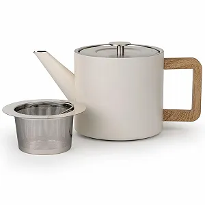 Чайник-заварник Bredemeijer 1,1 літра, кремово-білий, з подвійними стінками, фільтром для чаю та коричневою дерев'яною підставкою synthetic.ua - Фото 1