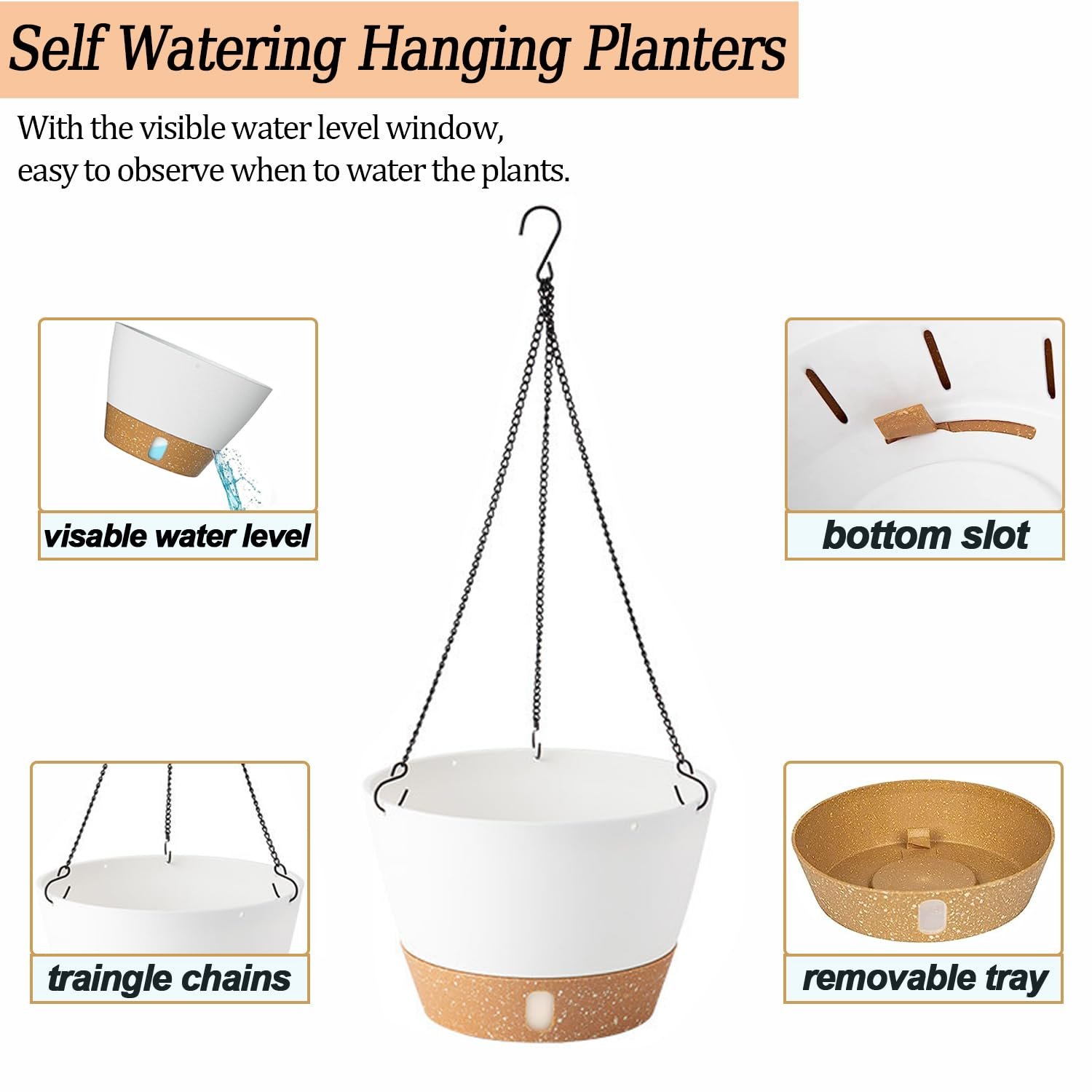 Підвісні кашпо набір 3 шт. пластикові з дренажним піддоном та гачками Білі, фото №3