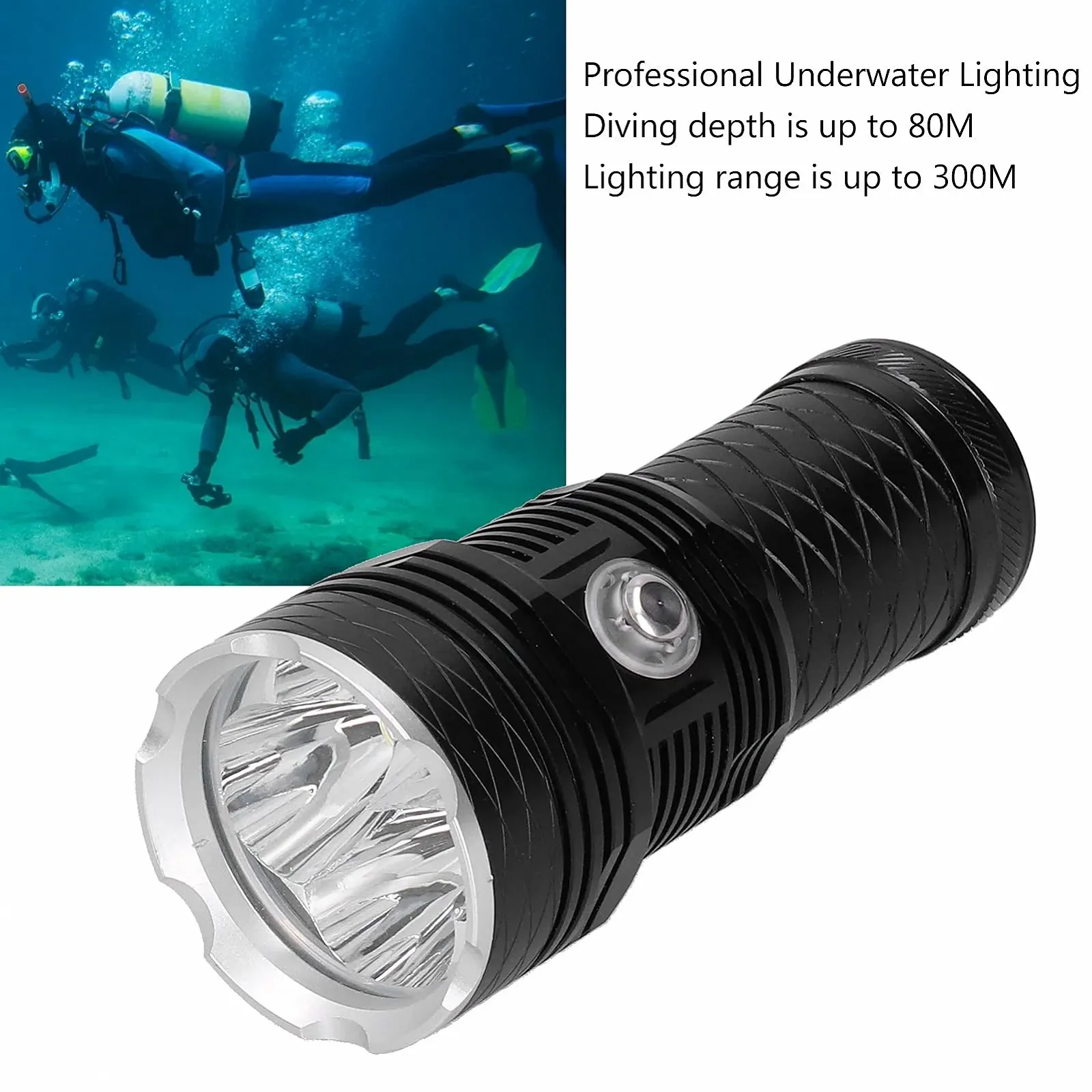 Ліхтар для дайвінгу XHP70.2 LED, водонепроникний IPX8, професійний, глибина 80 м, дальність 300 м, чорний/сріблястий, фото №5