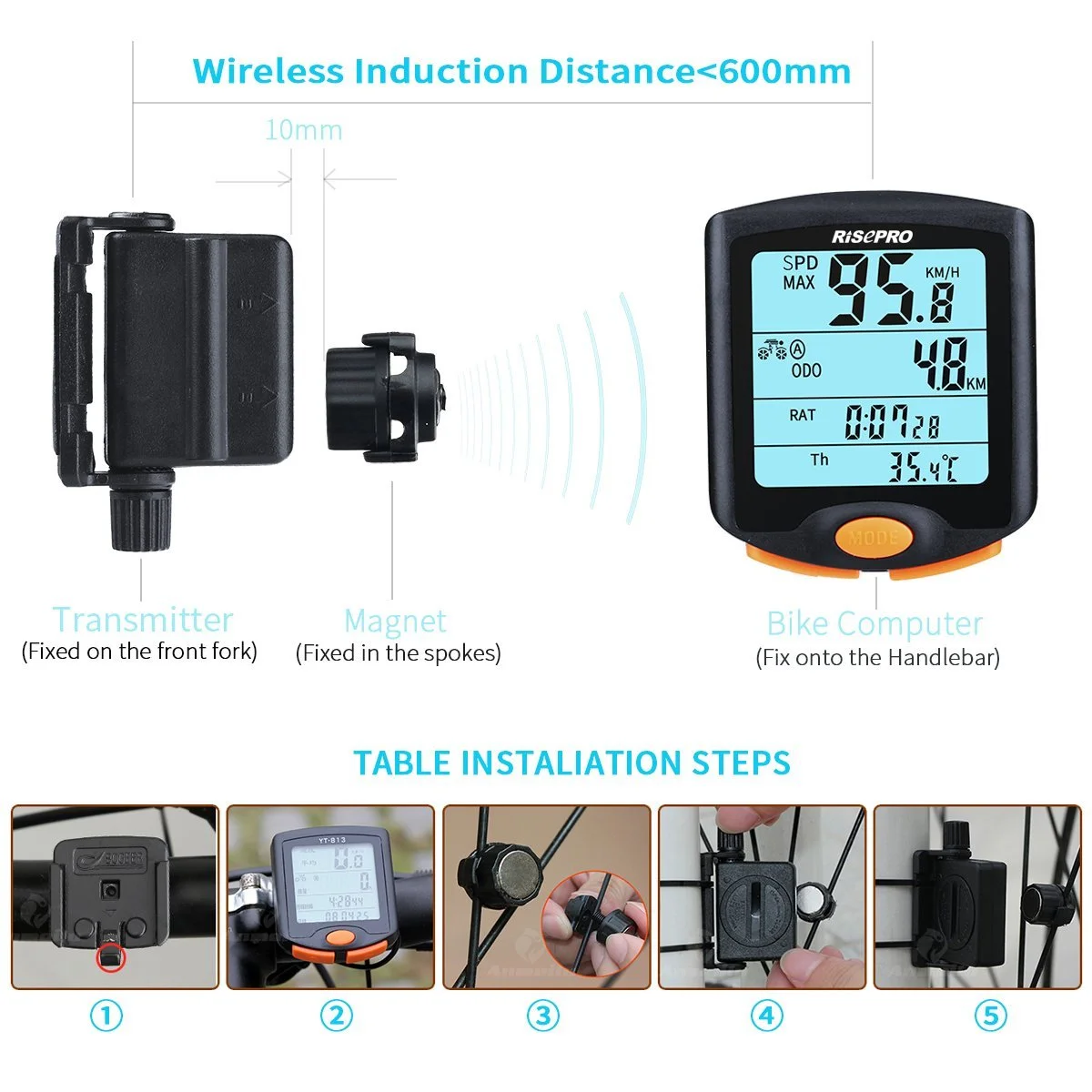Велокомп'ютер Risepro Wireless Backlit LCD Multifunction Waterproof, фото №4