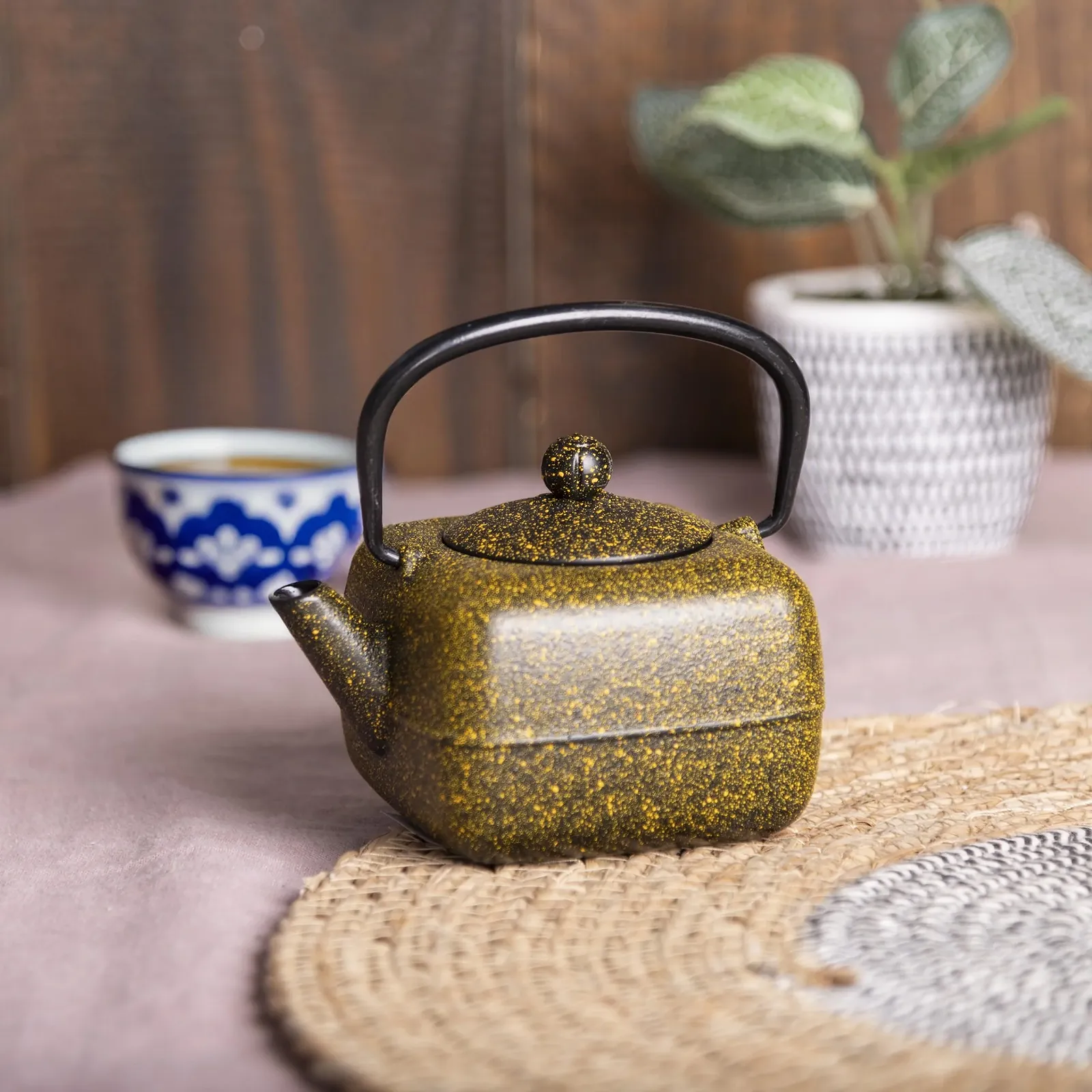 Чайник-заварник Чавунний 400мл Зі складною ручкою, Фільтр з нержавіючої сталі, Чорно-жовтий, фото №3