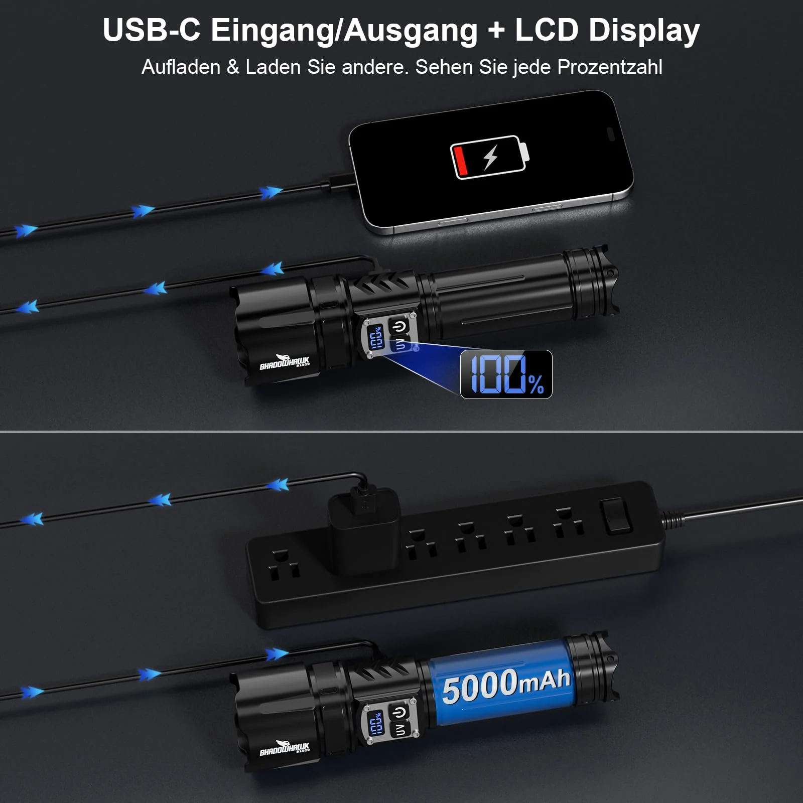 Ліхтар Shadowhawk 2-в-1 LED/UV Перезаряджуваний з подвійним перемикачем 500 000 люмен Надзвичайно яскравий з УФ чорним світлом для інспекції/кемпінгу/відкритого повітря, безперервне затемнення, зручне керування, фото №6