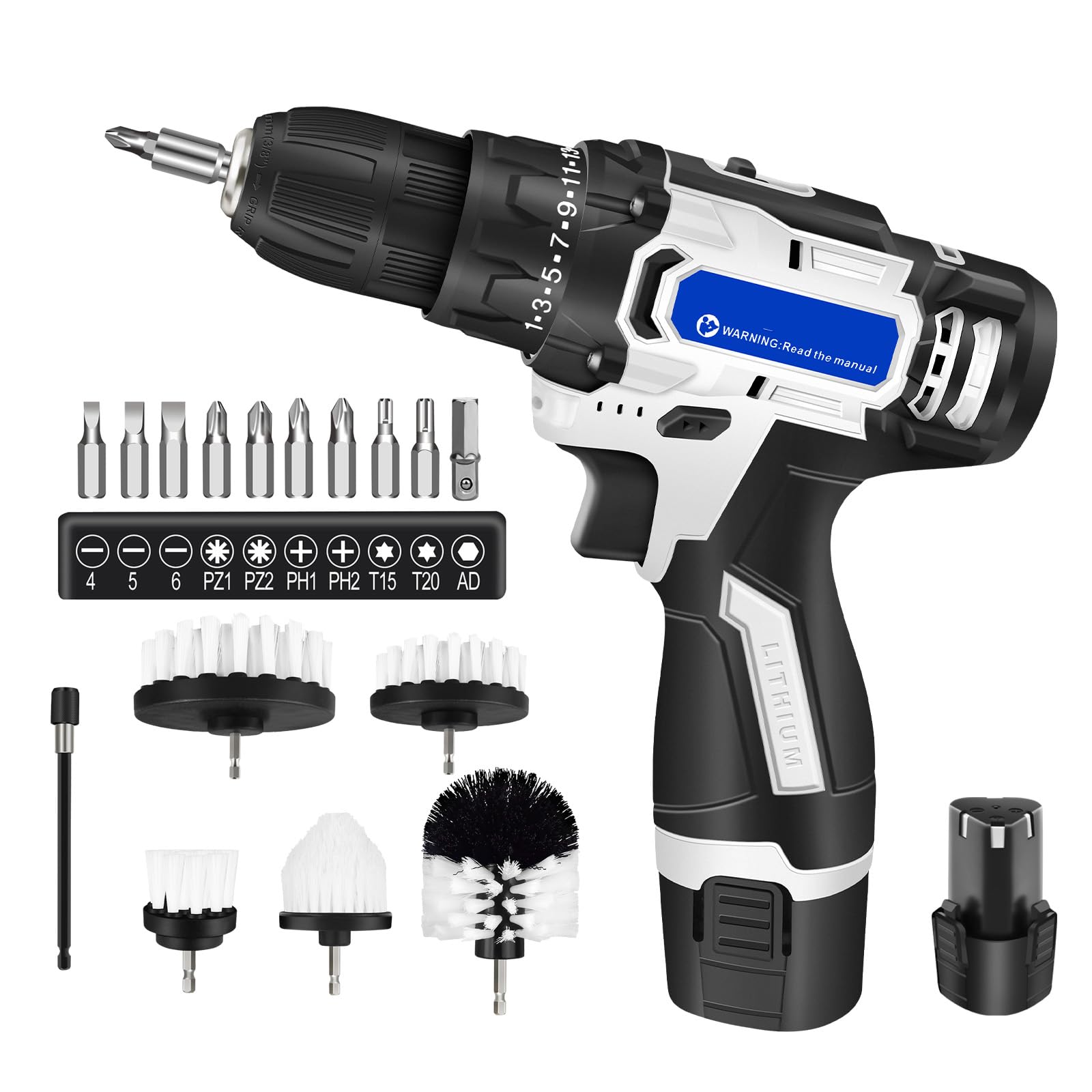 Дриль Шурупокрут акумуляторна 2 x 1500 мАг з 5 щітками для прибирання 10 см патрон 2 швидкості 25+1 положення LED, фото №1