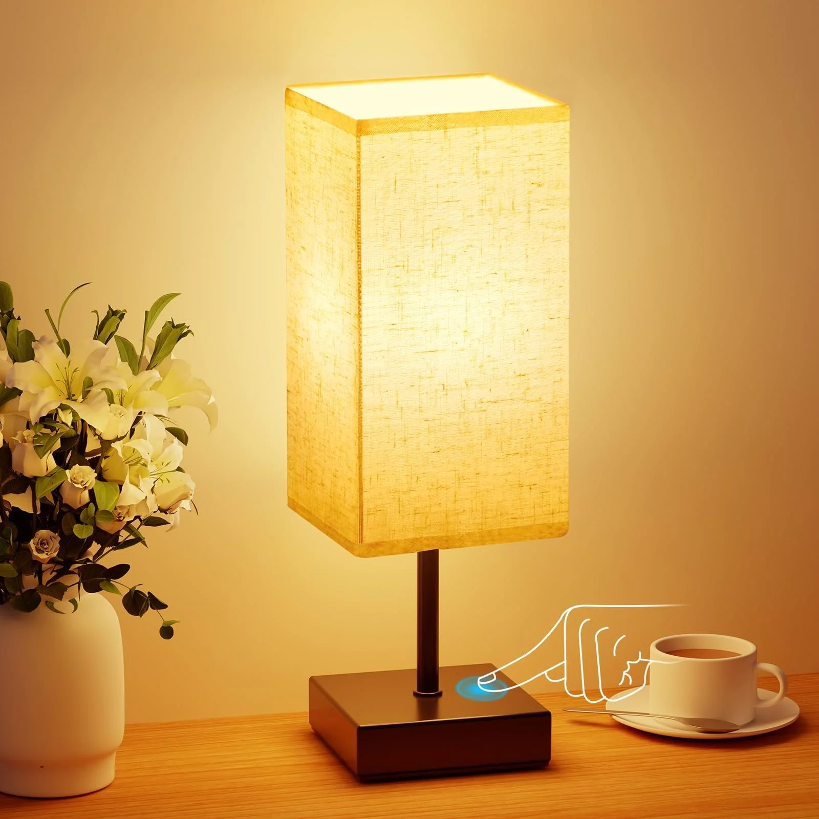 Настільна лампа Suright Bedside Lamp Сенсорна Плавний димер Пам'ять Лляний абажур LED E27 Чорна, фото №1